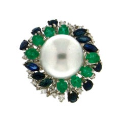 Handcraft Pearl 18 Karat White Gold Sapphires Emeralds Diamonds Cocktail Ring