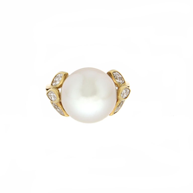 Handcraft Pearl 18 Karat Yellow Gold Diamonds Cocktail Ring For Sale at ...