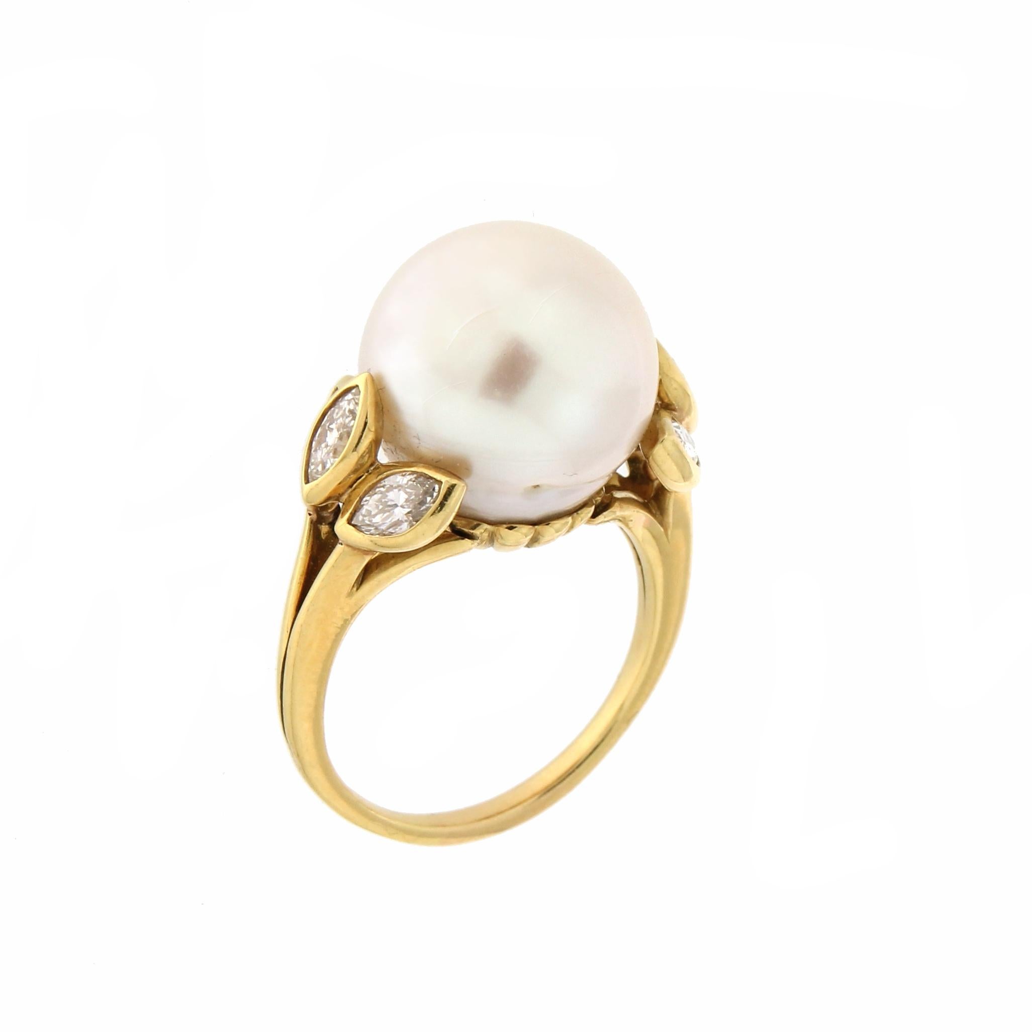 Artisan Handcraft Pearl 18 Karat Yellow Gold Diamonds Cocktail Ring For Sale