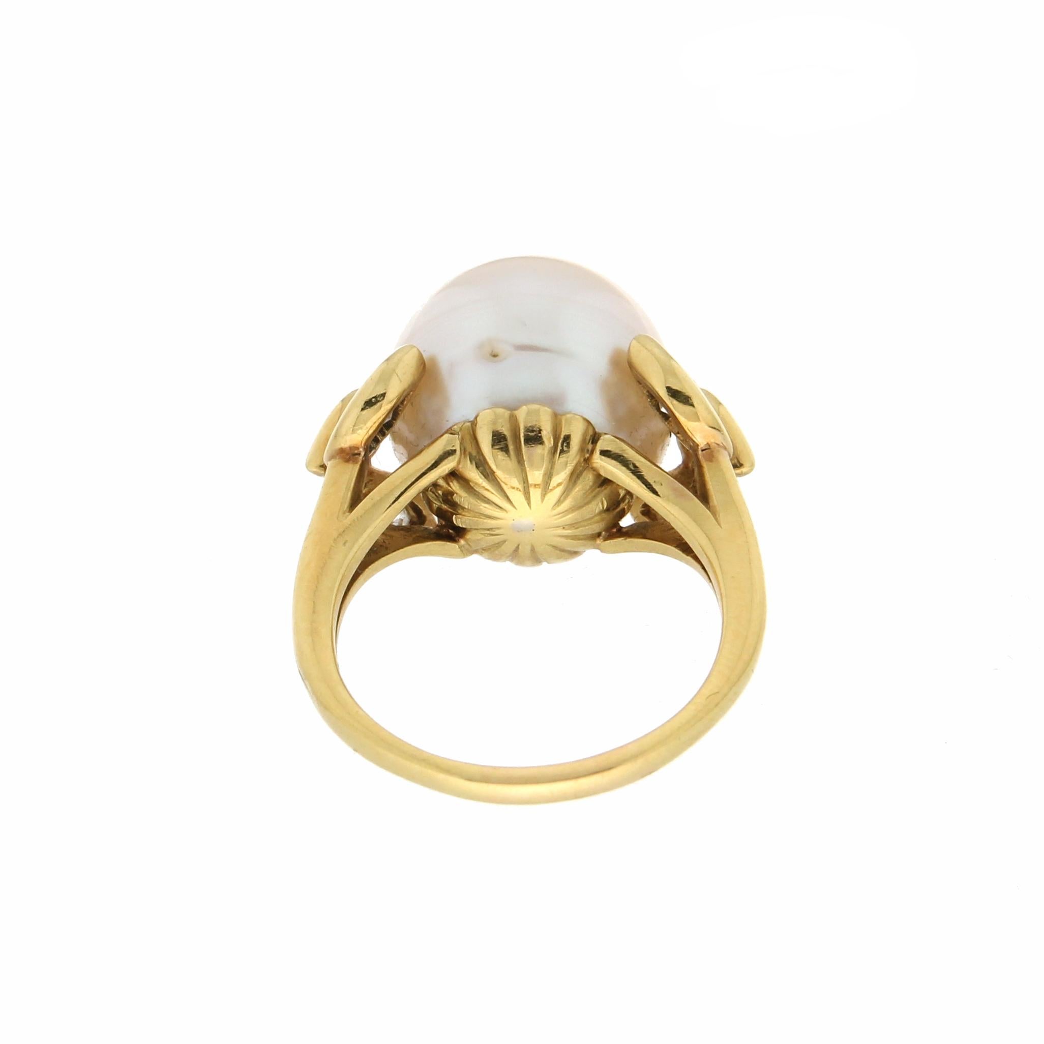 Mixed Cut Handcraft Pearl 18 Karat Yellow Gold Diamonds Cocktail Ring For Sale