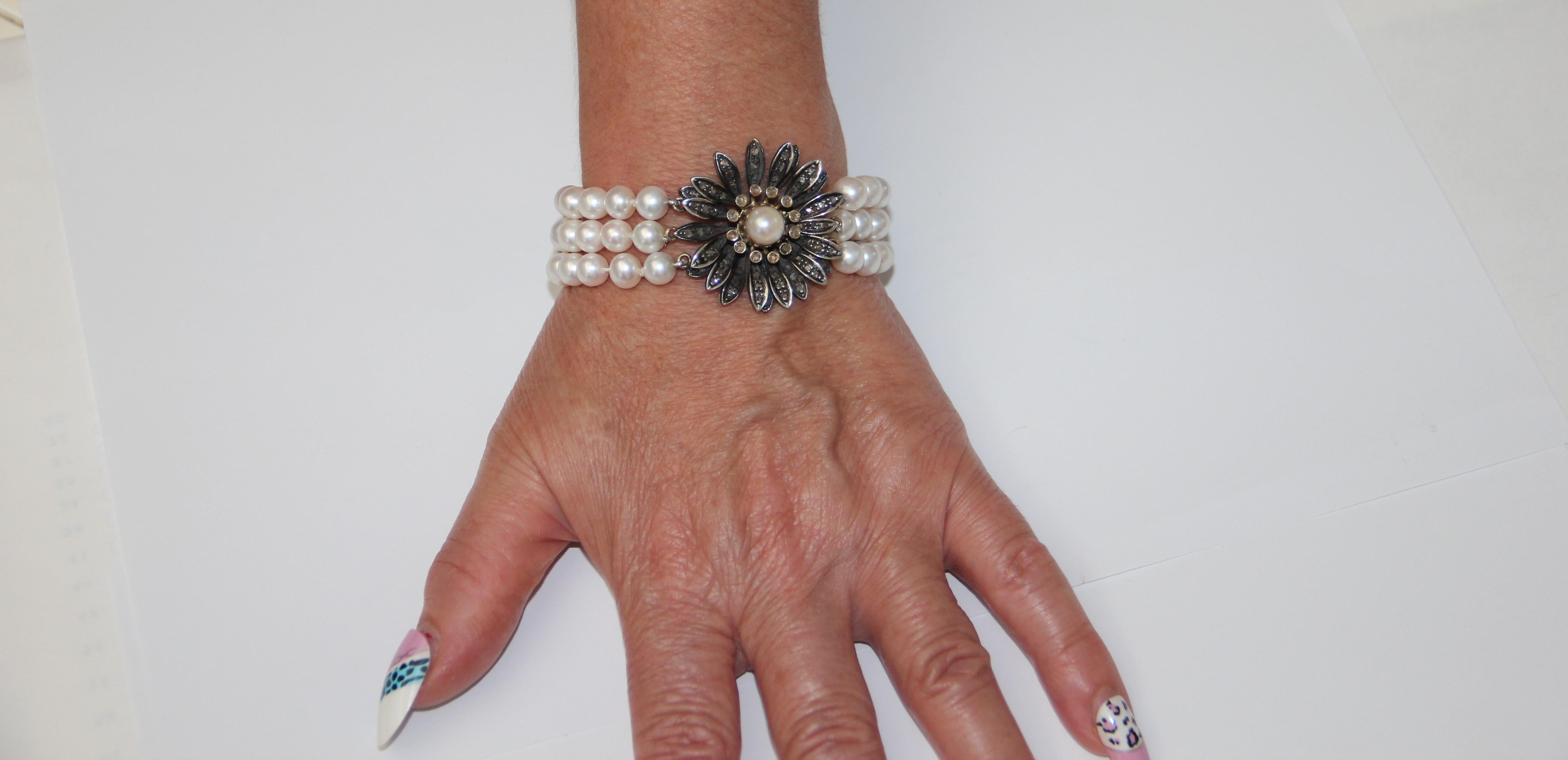 Handcraft Pearls 14 Karat Yellow Gold Diamonds Cuff Bracelet For Sale 3