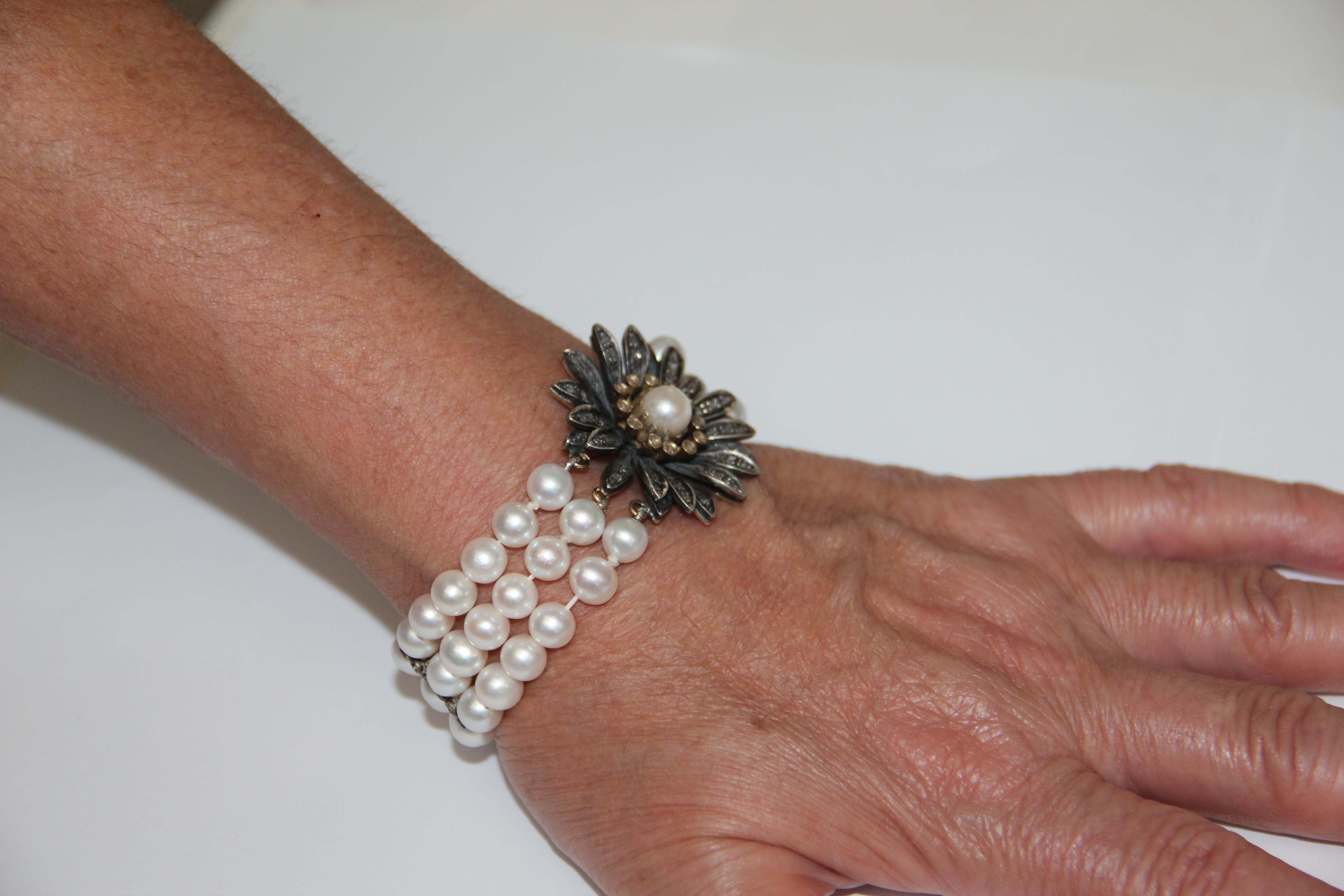 Bracelet manchette artisanal en or jaune 14 carats avec perles et diamants en vente 5