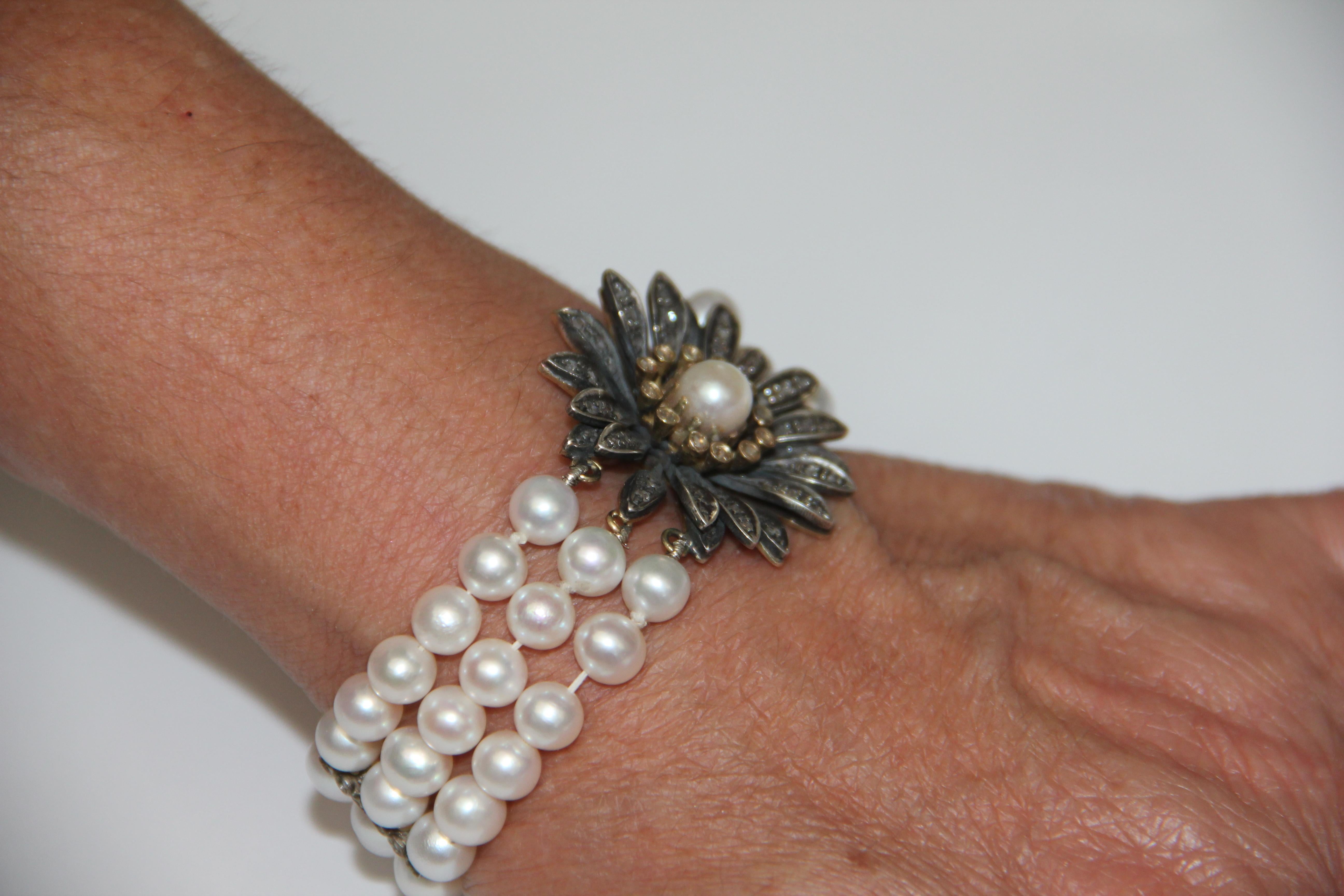 Handcraft Pearls 14 Karat Yellow Gold Diamonds Cuff Bracelet For Sale 6