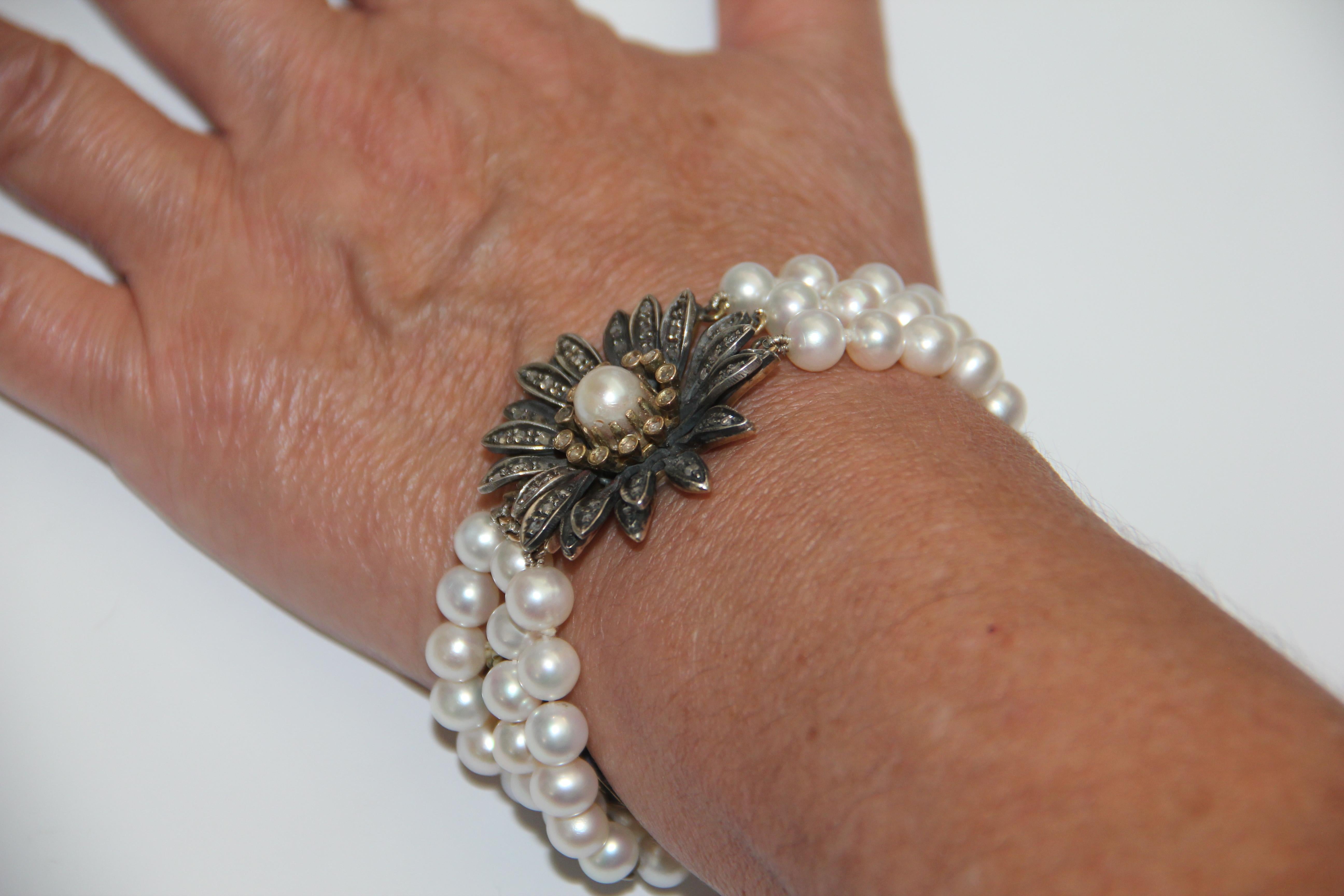 Bracelet manchette artisanal en or jaune 14 carats avec perles et diamants en vente 7