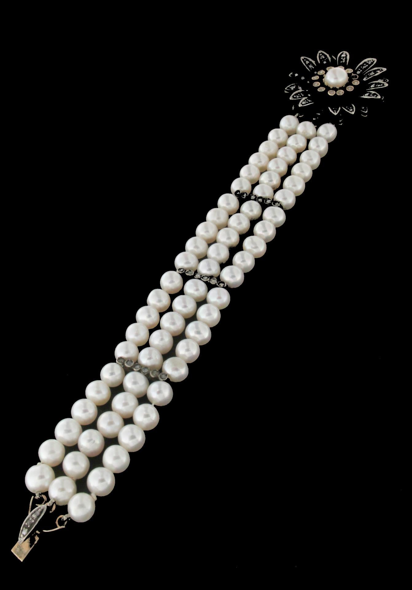 Bracelet manchette artisanal en or jaune 14 carats avec perles et diamants Neuf - En vente à Marcianise, IT