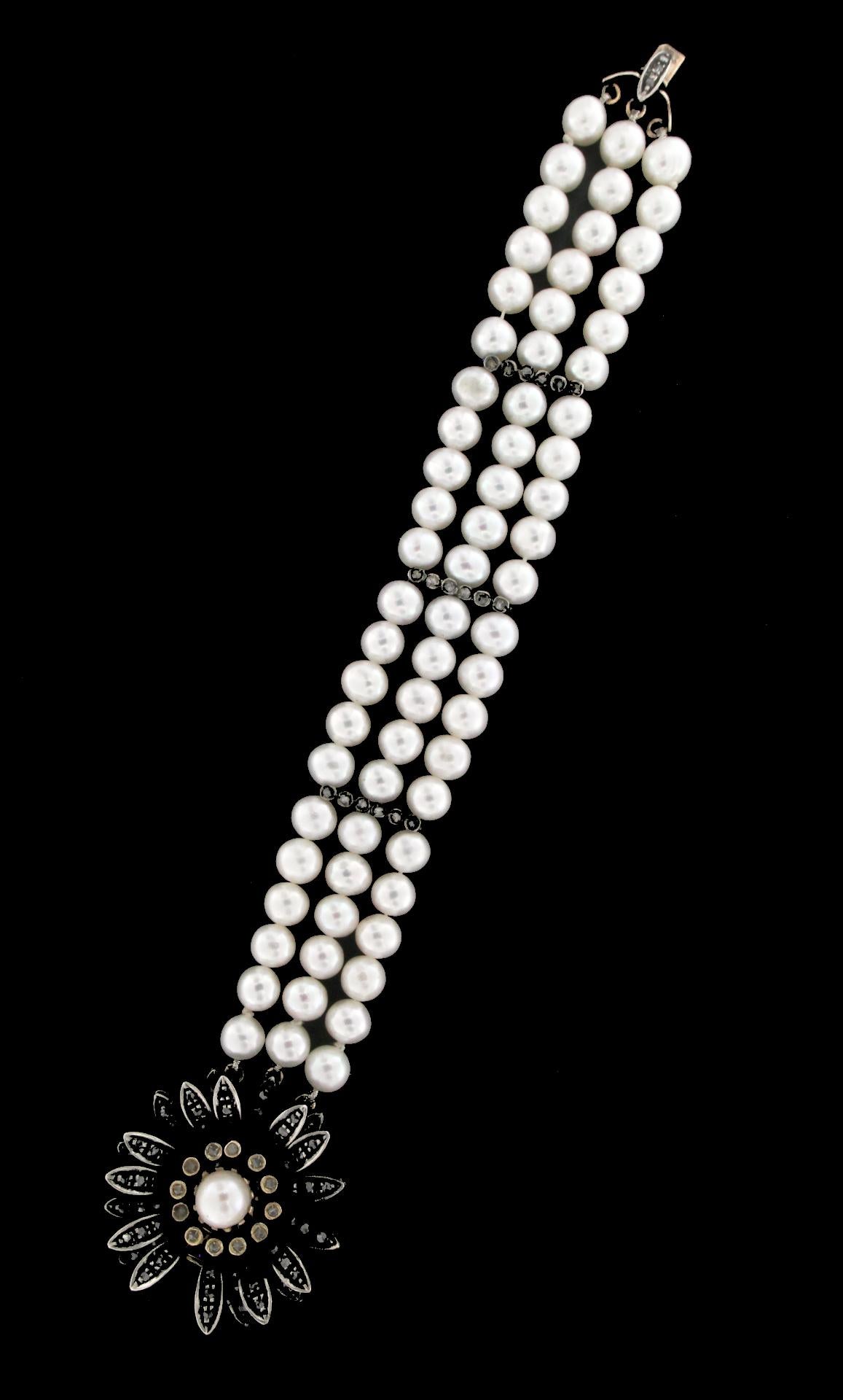 Women's or Men's Handcraft Pearls 14 Karat Yellow Gold Diamonds Cuff Bracelet For Sale