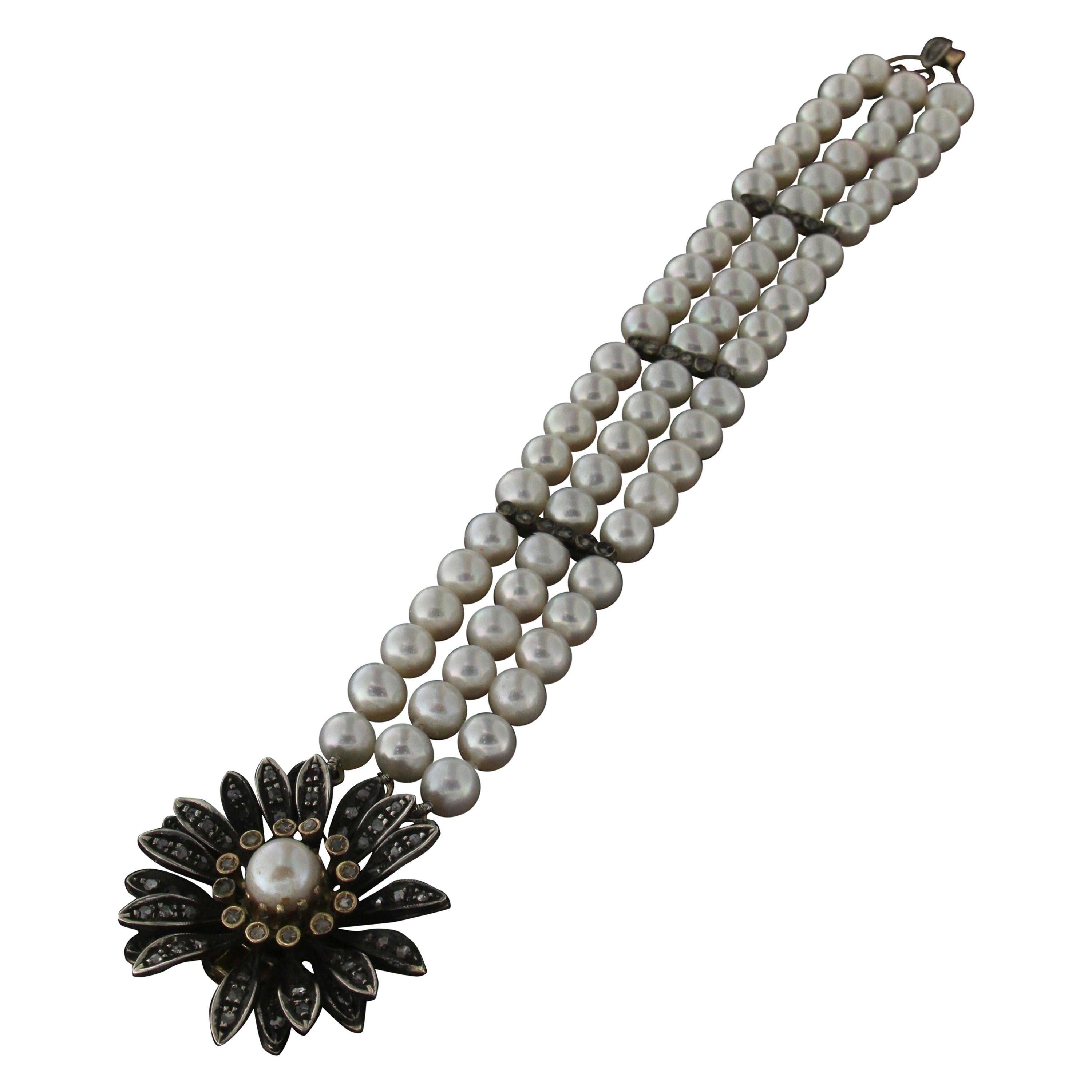 Bracelet manchette artisanal en or jaune 14 carats avec perles et diamants