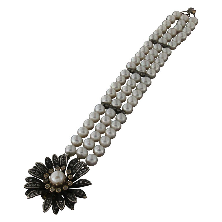 Handcraft Pearls 14 Karat Yellow Gold Diamonds Cuff Bracelet For Sale