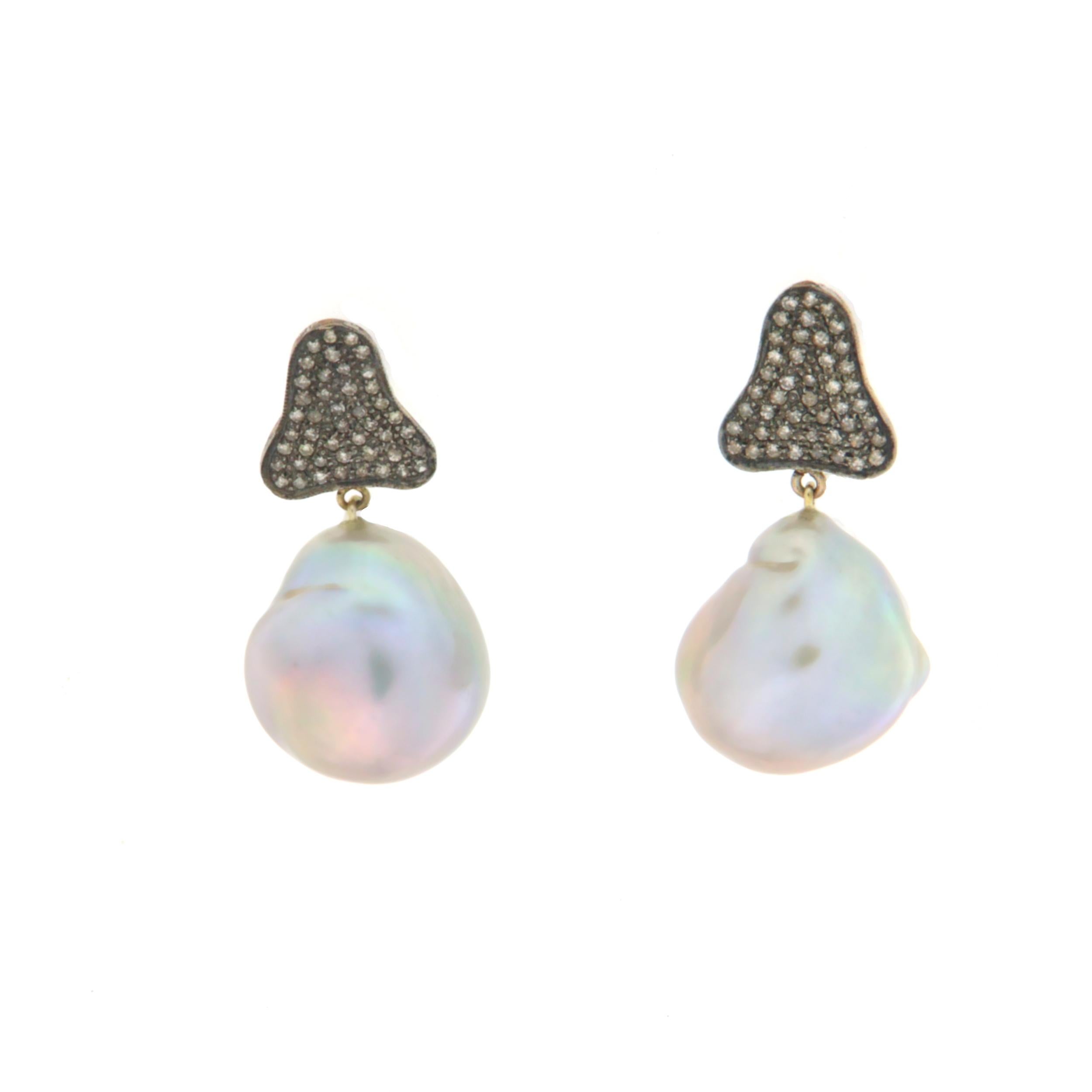 Artisan Pearls Diamonds 14 Karat Yellow Gold Drop Earrings For Sale