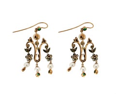 Handcraft Pearls 14 Karat Yellow Gold Diamonds Emeralds Drop Earrings