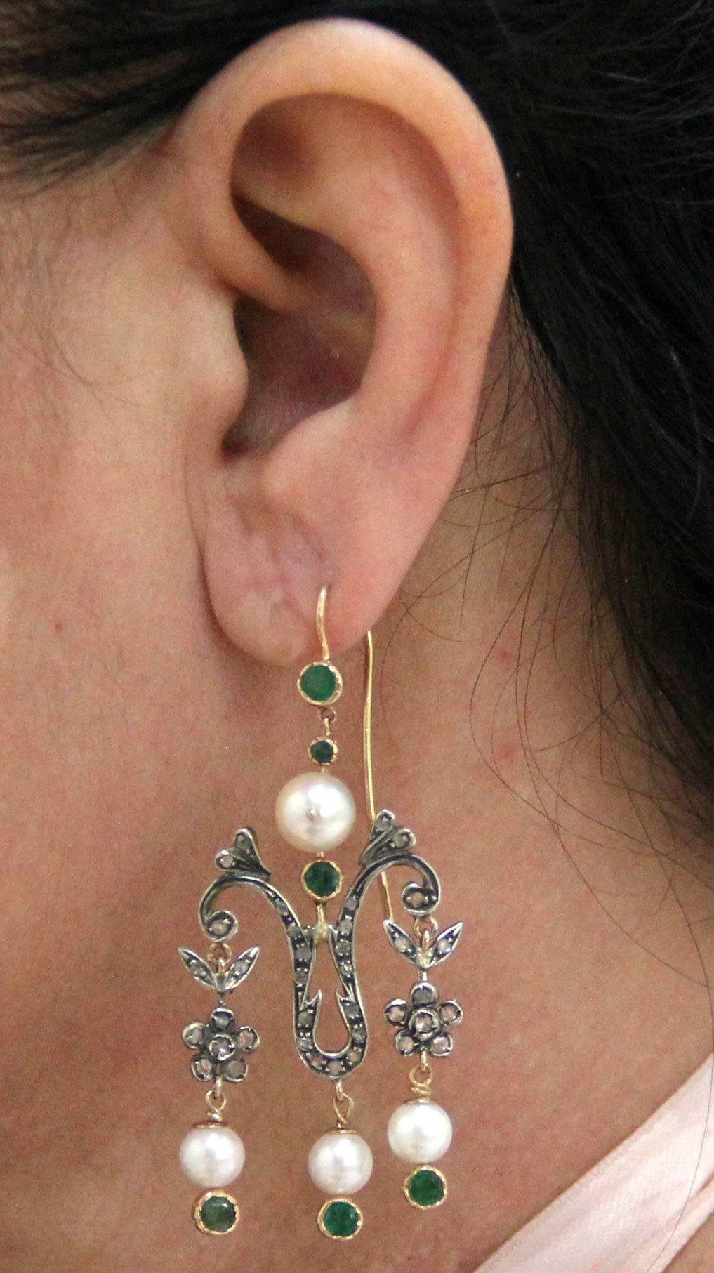 Artisan Handcraft Pearls 14 Karat Yellow Gold Diamonds Emeralds Drop Earrings For Sale