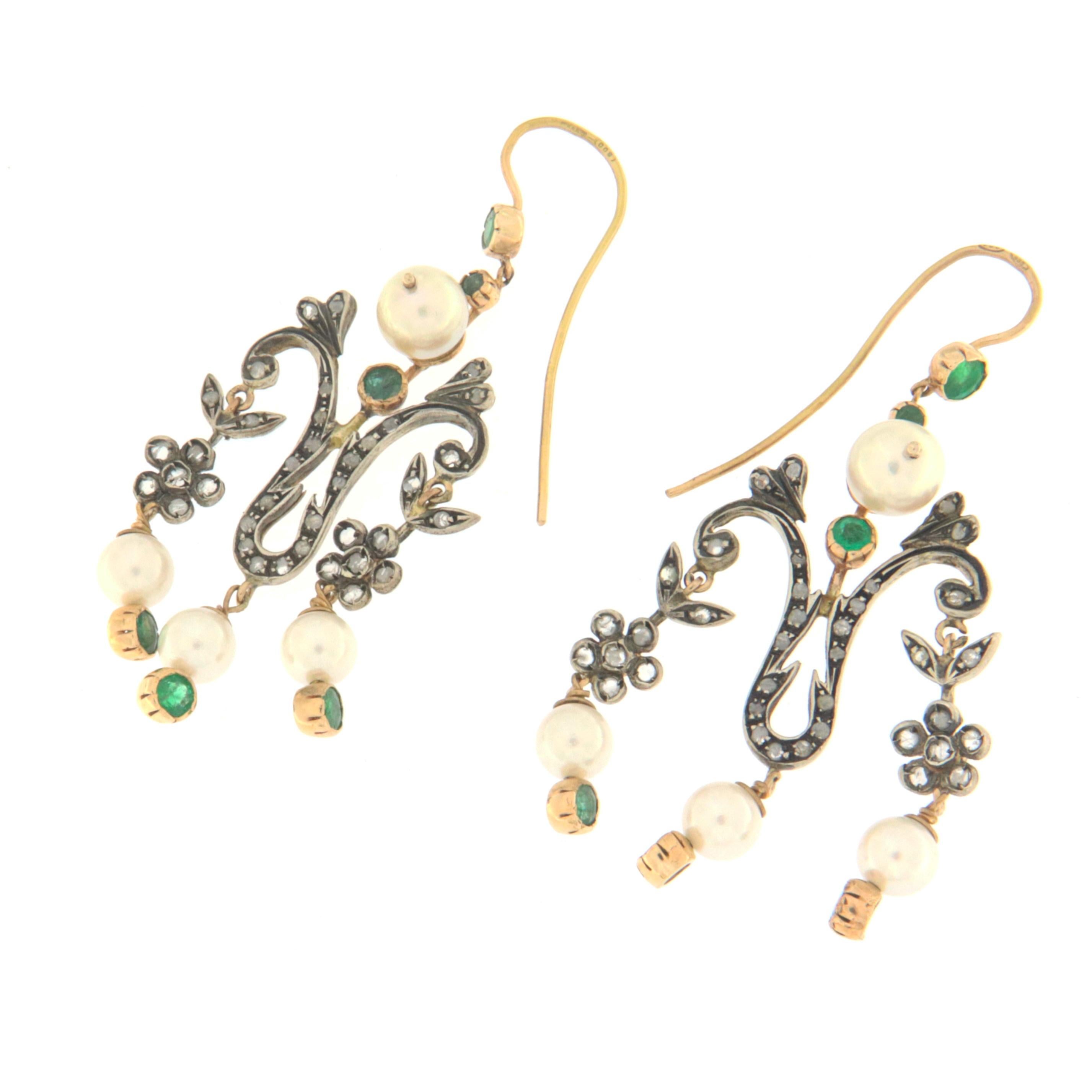 Women's Handcraft Pearls 14 Karat Yellow Gold Diamonds Emeralds Drop Earrings For Sale