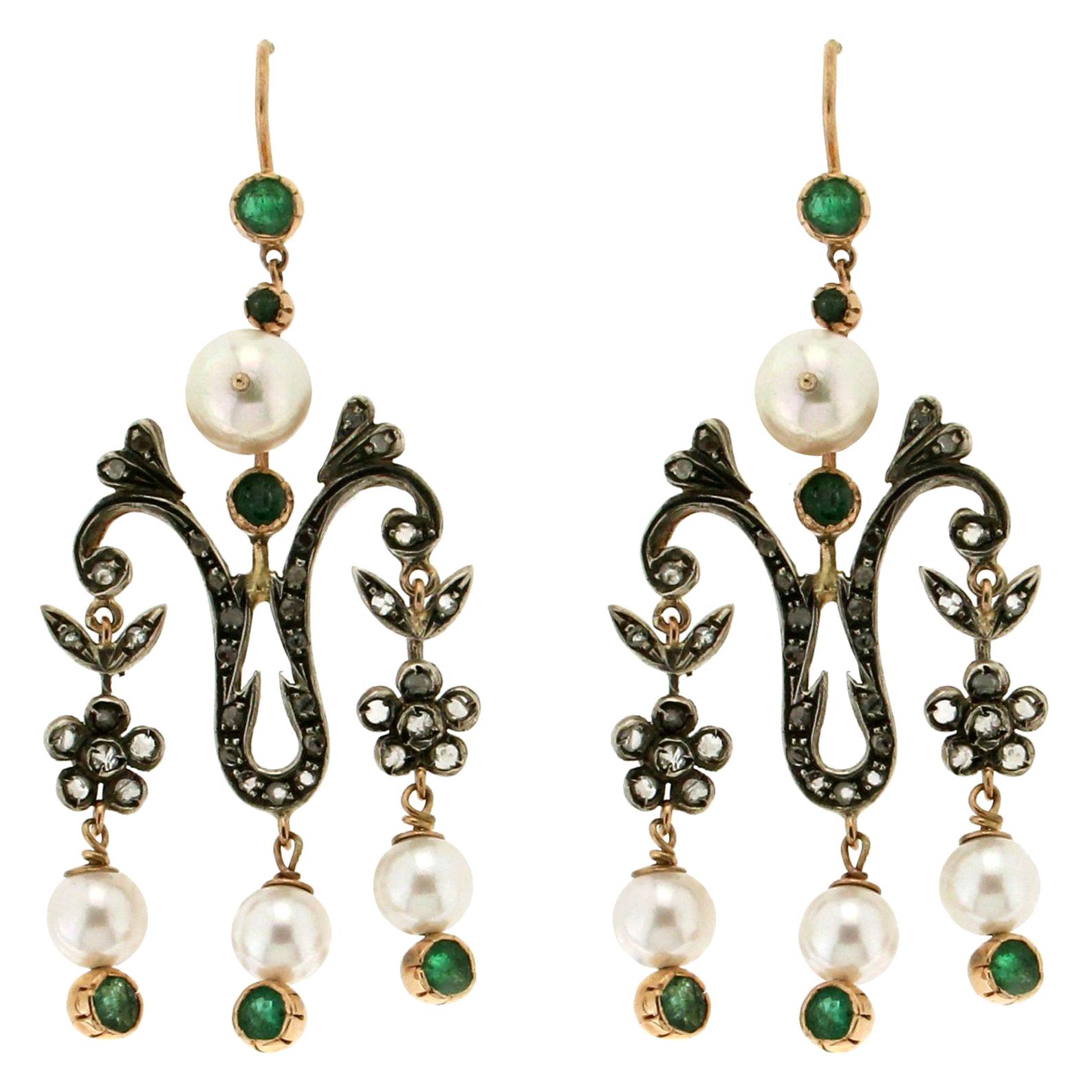 Handcraft Pearls 14 Karat Yellow Gold Diamonds Emeralds Drop Earrings For Sale