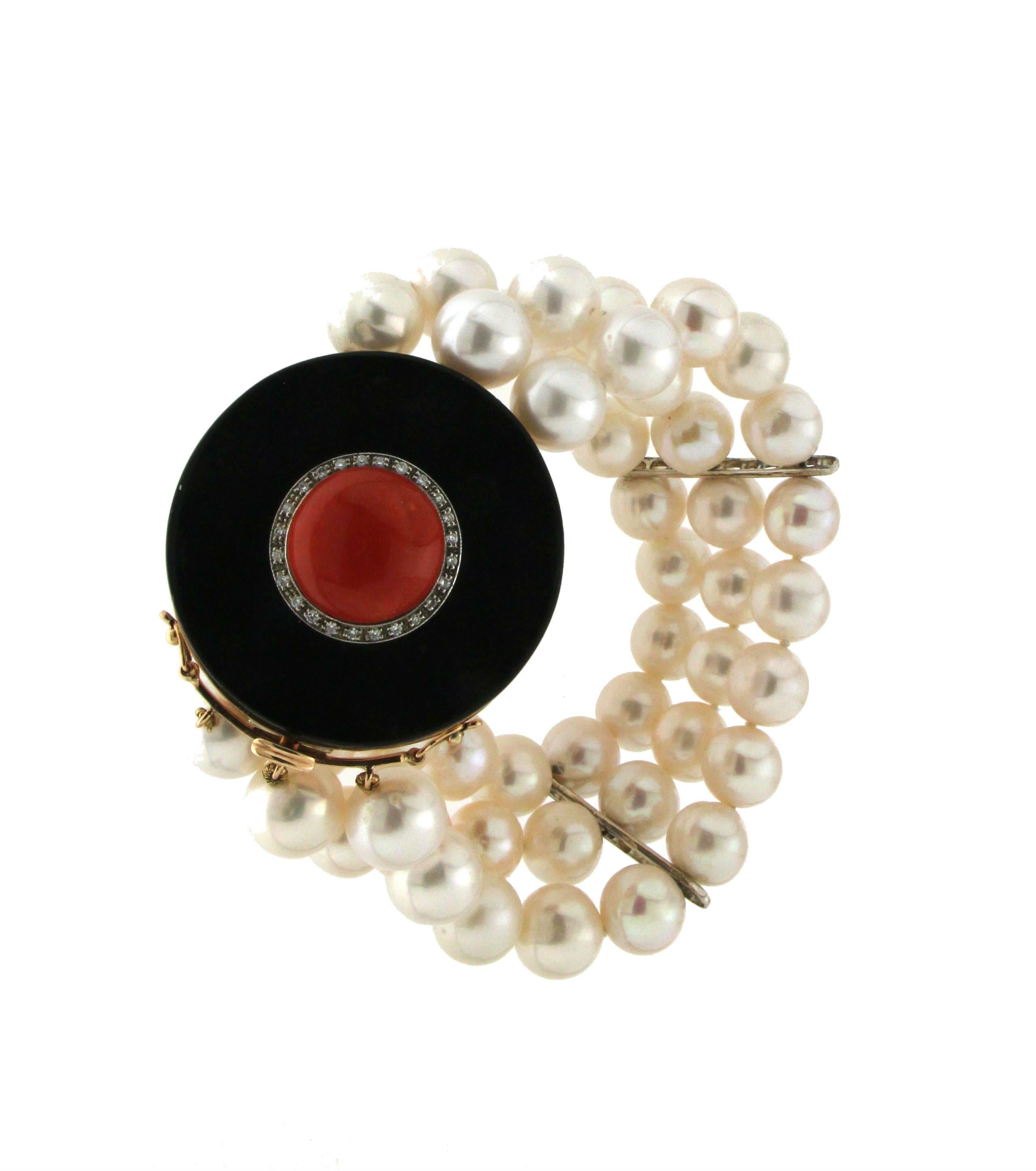 Artisan Handcraft Pearls 14 Karat Yellow Gold Diamonds Onyx Coral Cuff Bracelet For Sale