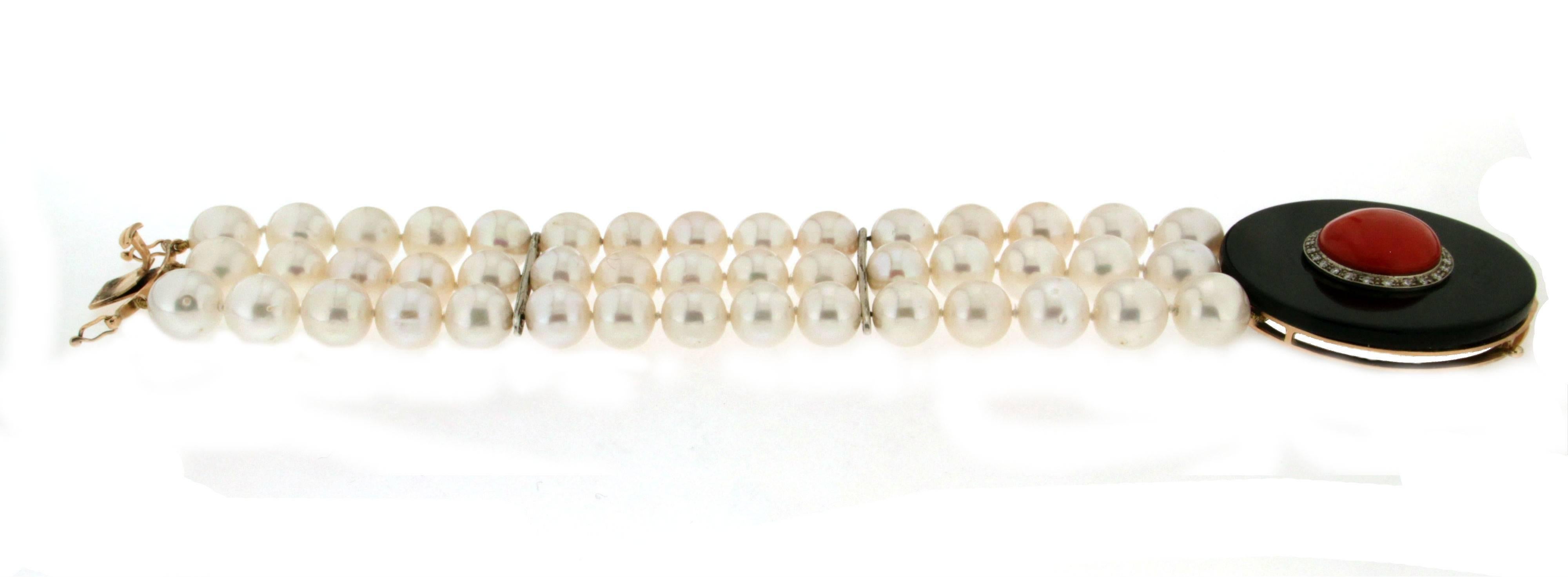 Handcraft Pearls 14 Karat Yellow Gold Diamonds Onyx Coral Cuff Bracelet For Sale 1