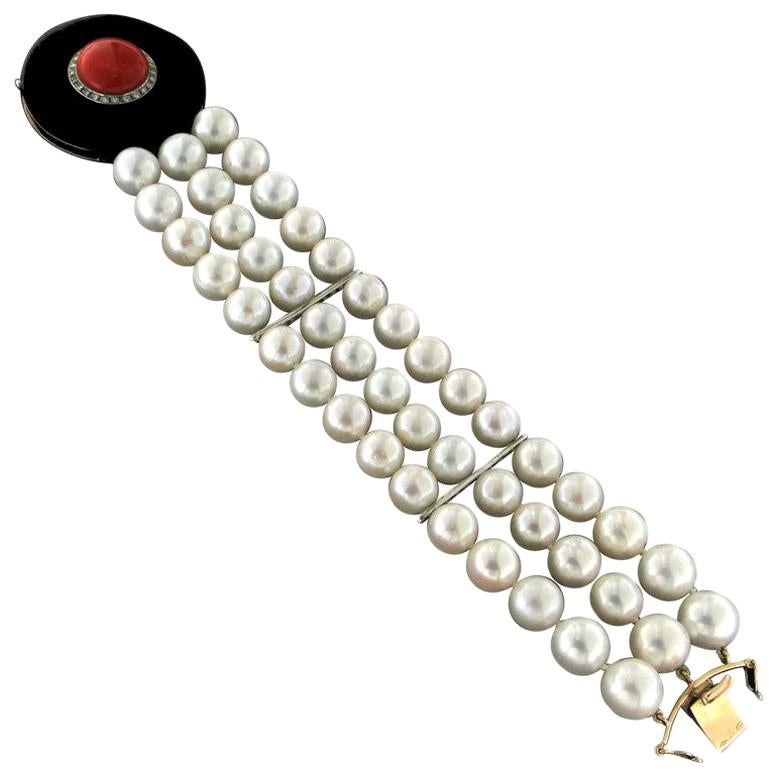 Manschettenarmband, Handgefertigt, Perlen 14 Karat Gelbgold Diamanten Onyx Koralle