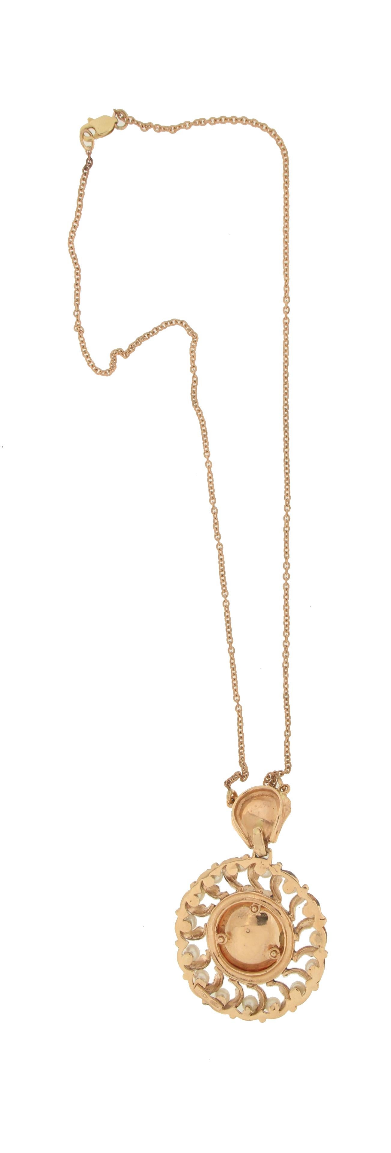 Artisan Handcraft Pearls 14 Karat Yellow Gold Pendant Necklace For Sale