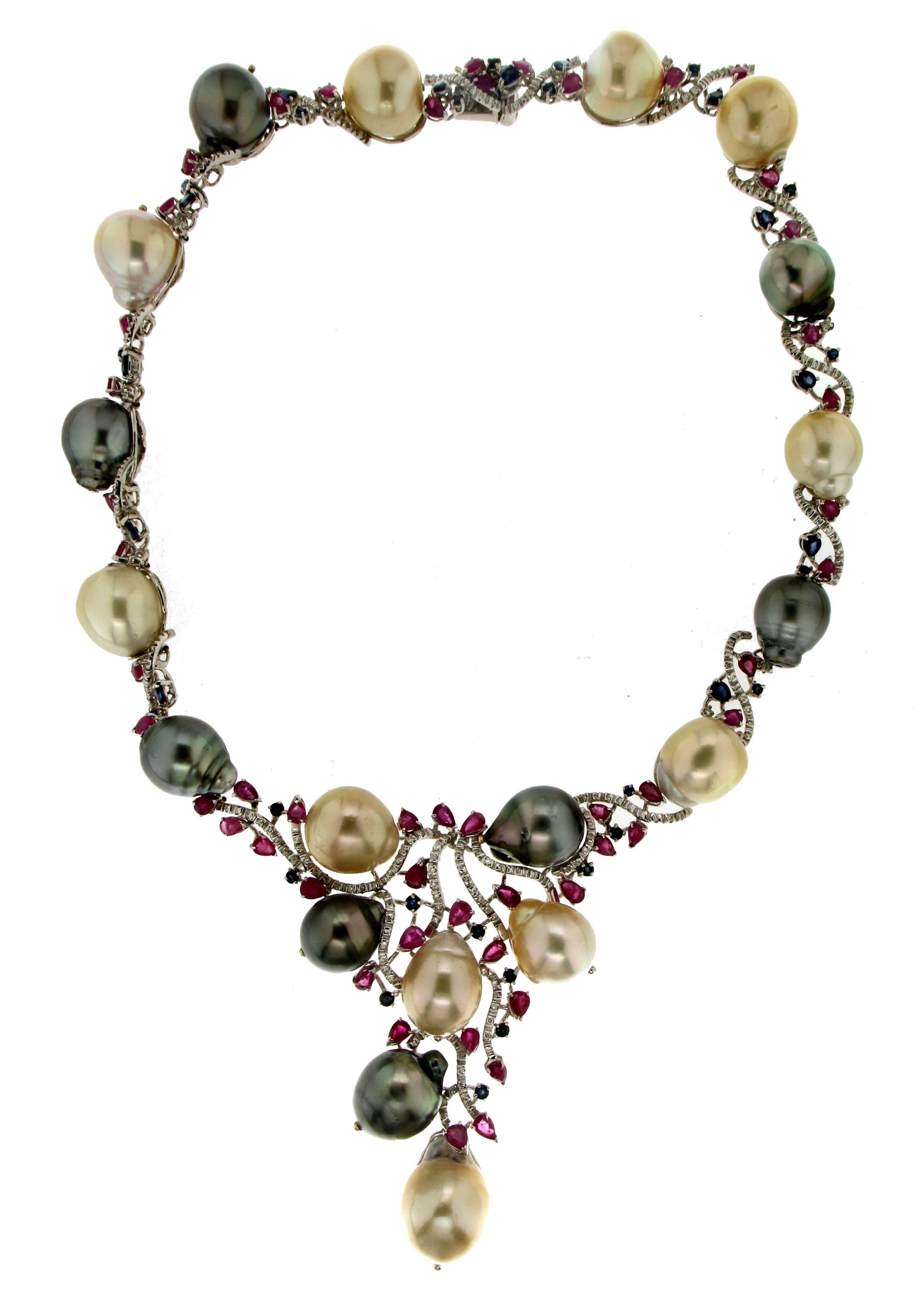 Handcraft Baroque Pearls 18 Karat White Gold Diamonds Choker Necklace