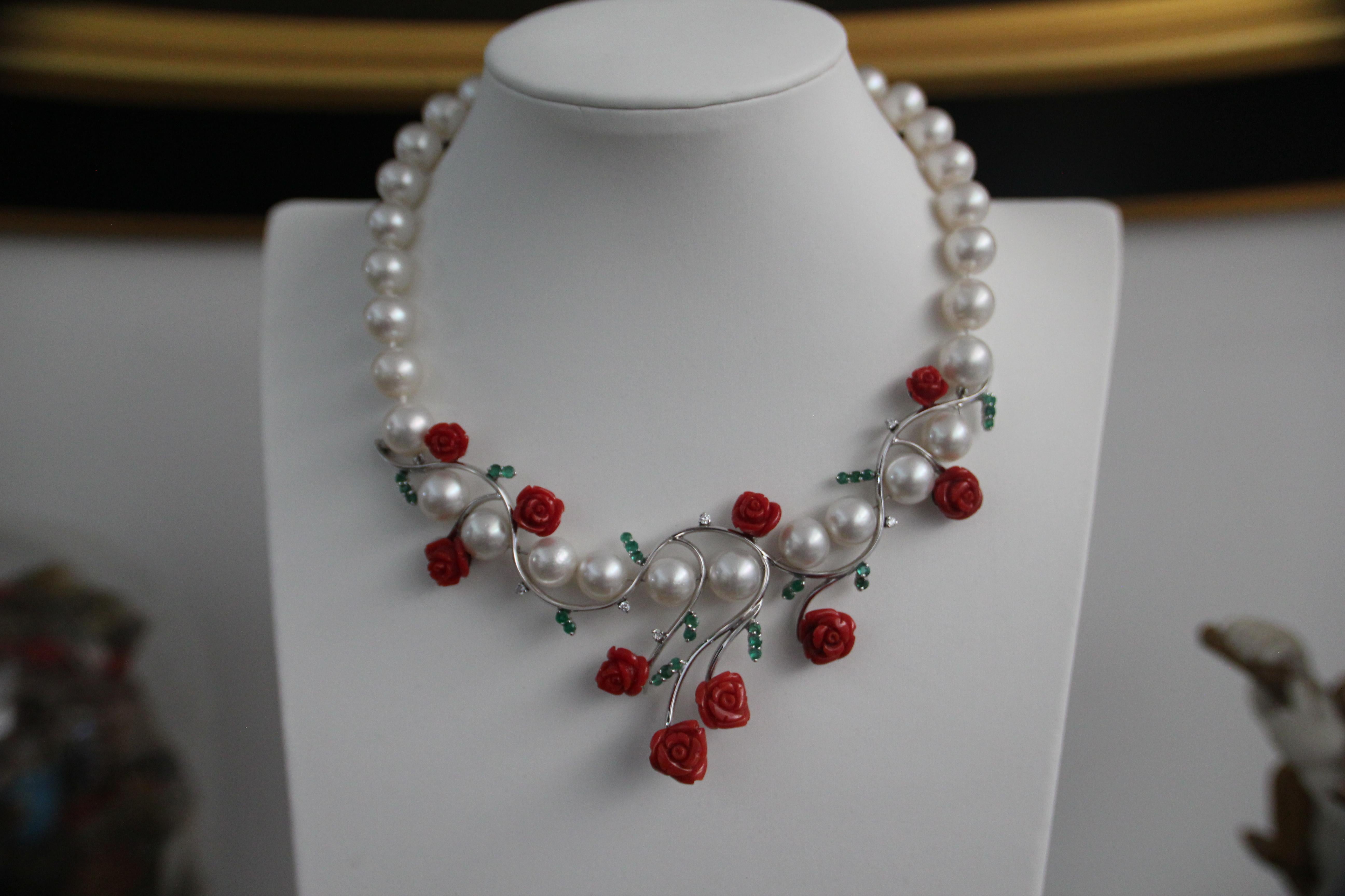 Artisan Handcraft Pearls 18 Karat White Gold Diamonds Coral Choker Necklace For Sale