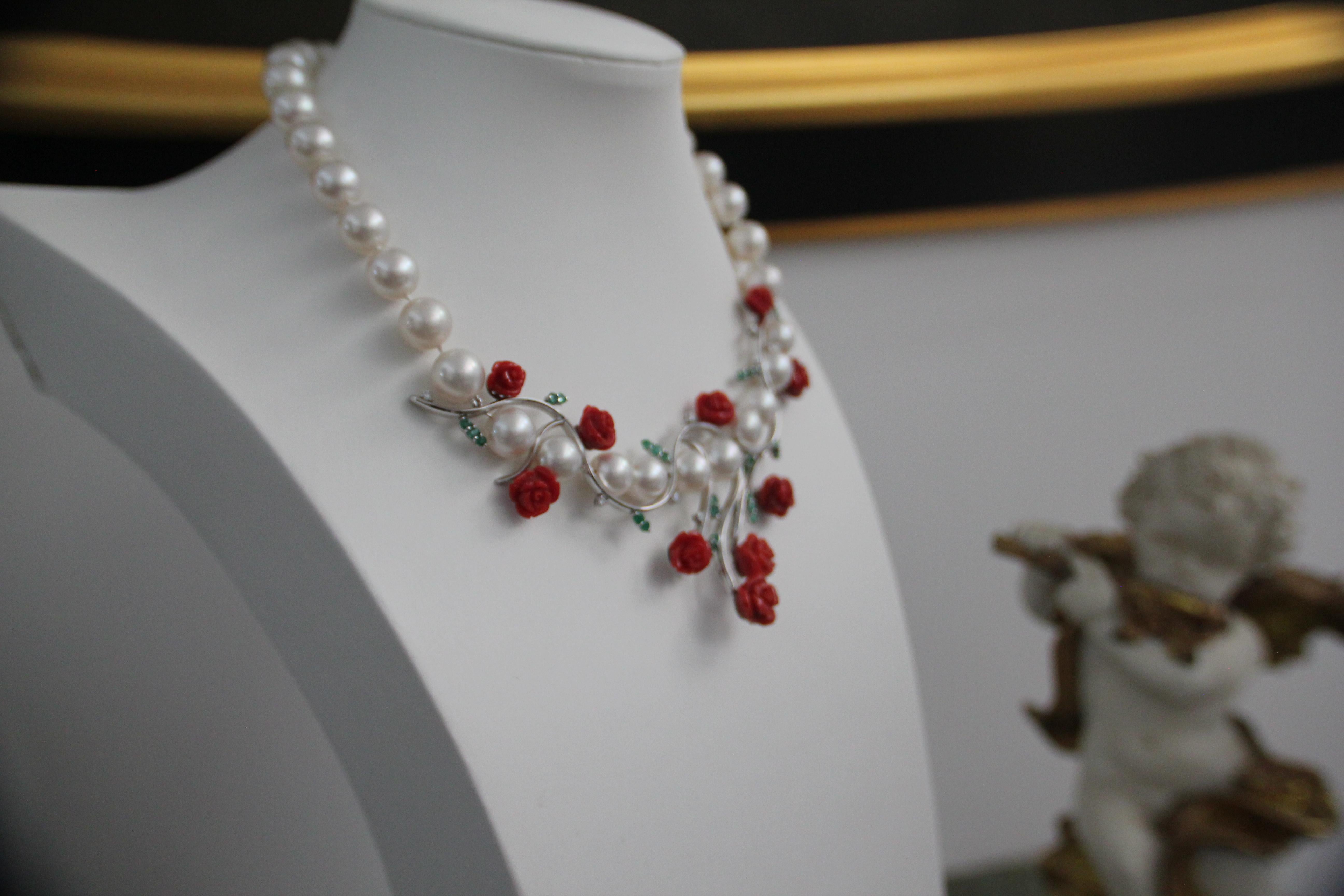 Artisan Handcraft Pearls 18 Karat White Gold Diamonds Coral Choker Necklace For Sale