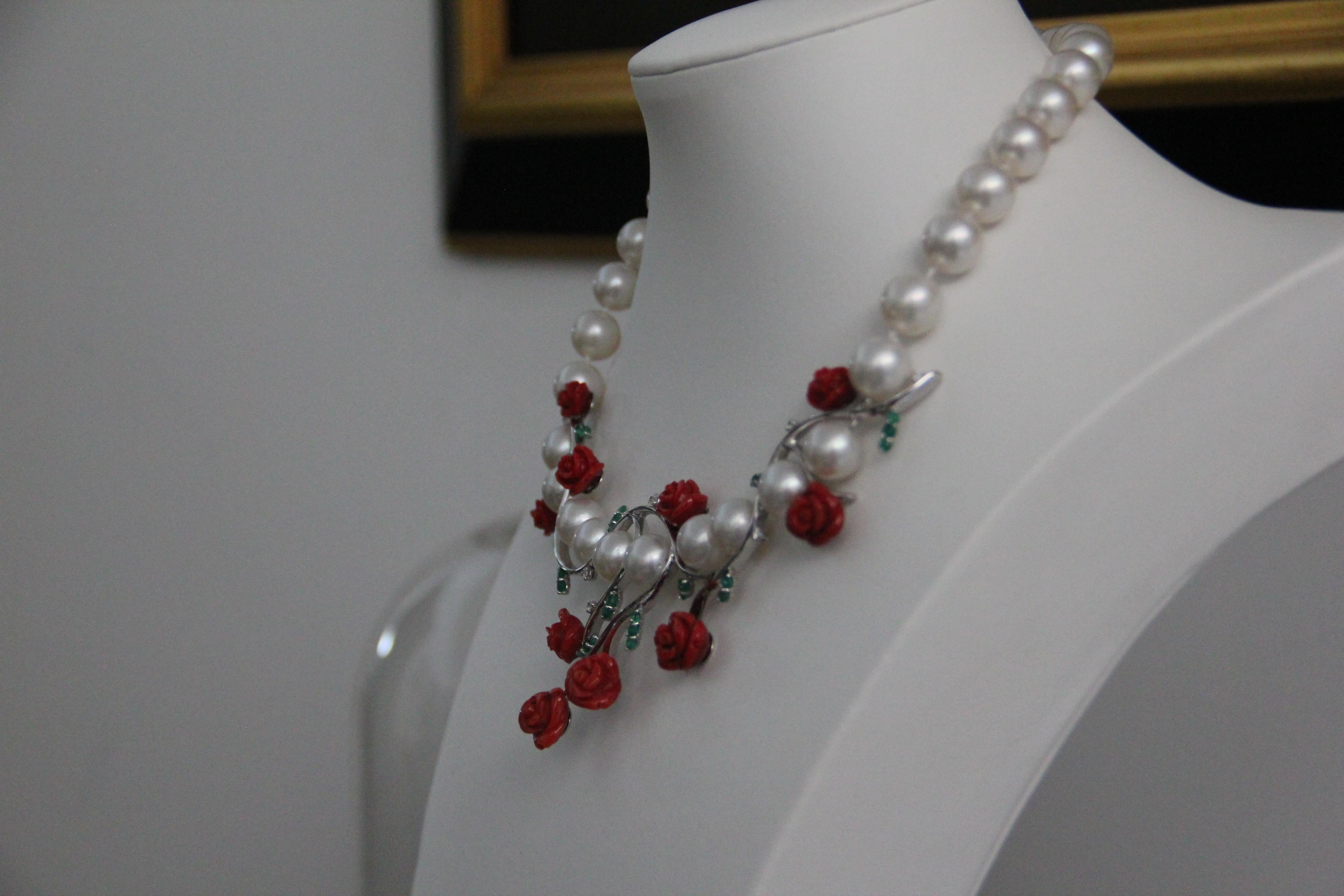 Women's or Men's Handcraft Pearls 18 Karat White Gold Diamonds Coral Choker Necklace For Sale