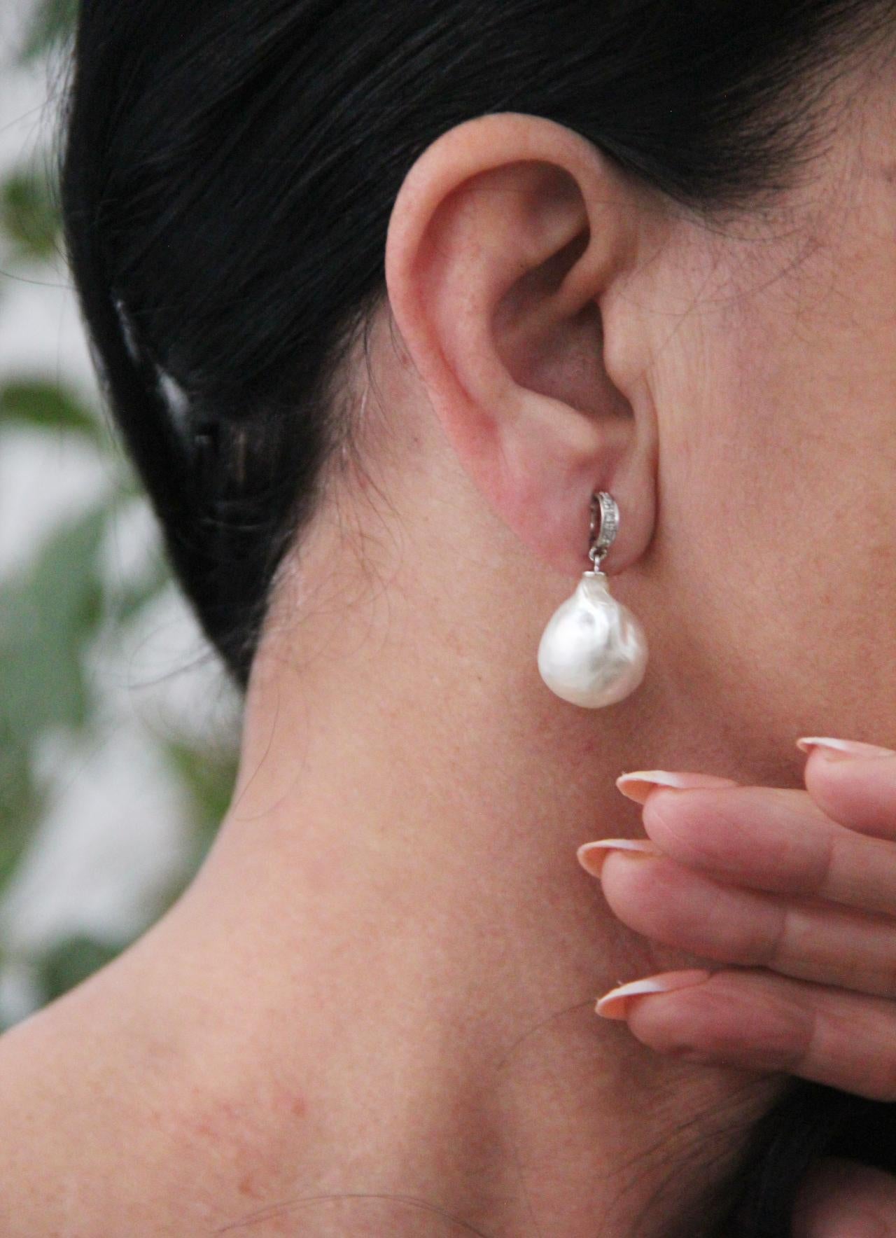 Artisan Handcraft Pearls 18 Karat White Gold Diamonds Drop Earrings For Sale