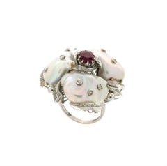 Handcraft Baroque Pearls 18 Karat White Gold Diamonds Ruby Cocktail Ring