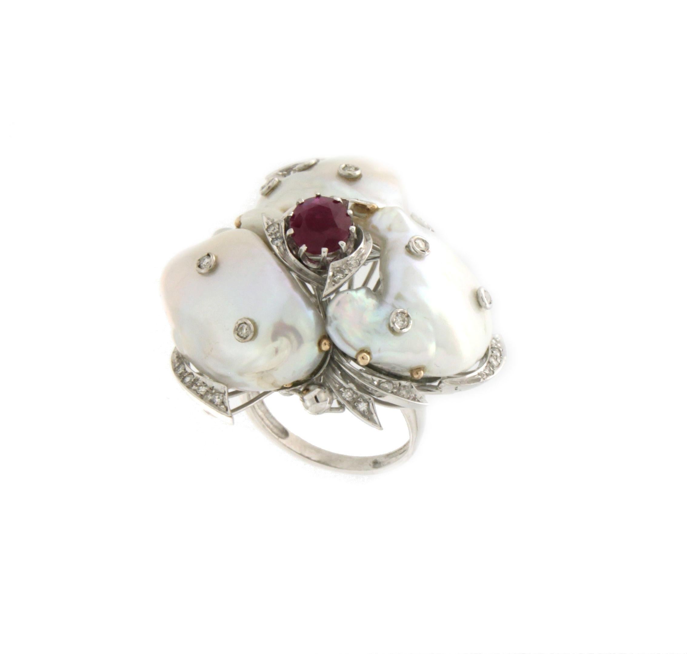 Artisan Handcraft Baroque Pearls 18 Karat White Gold Diamonds Ruby Cocktail Ring For Sale
