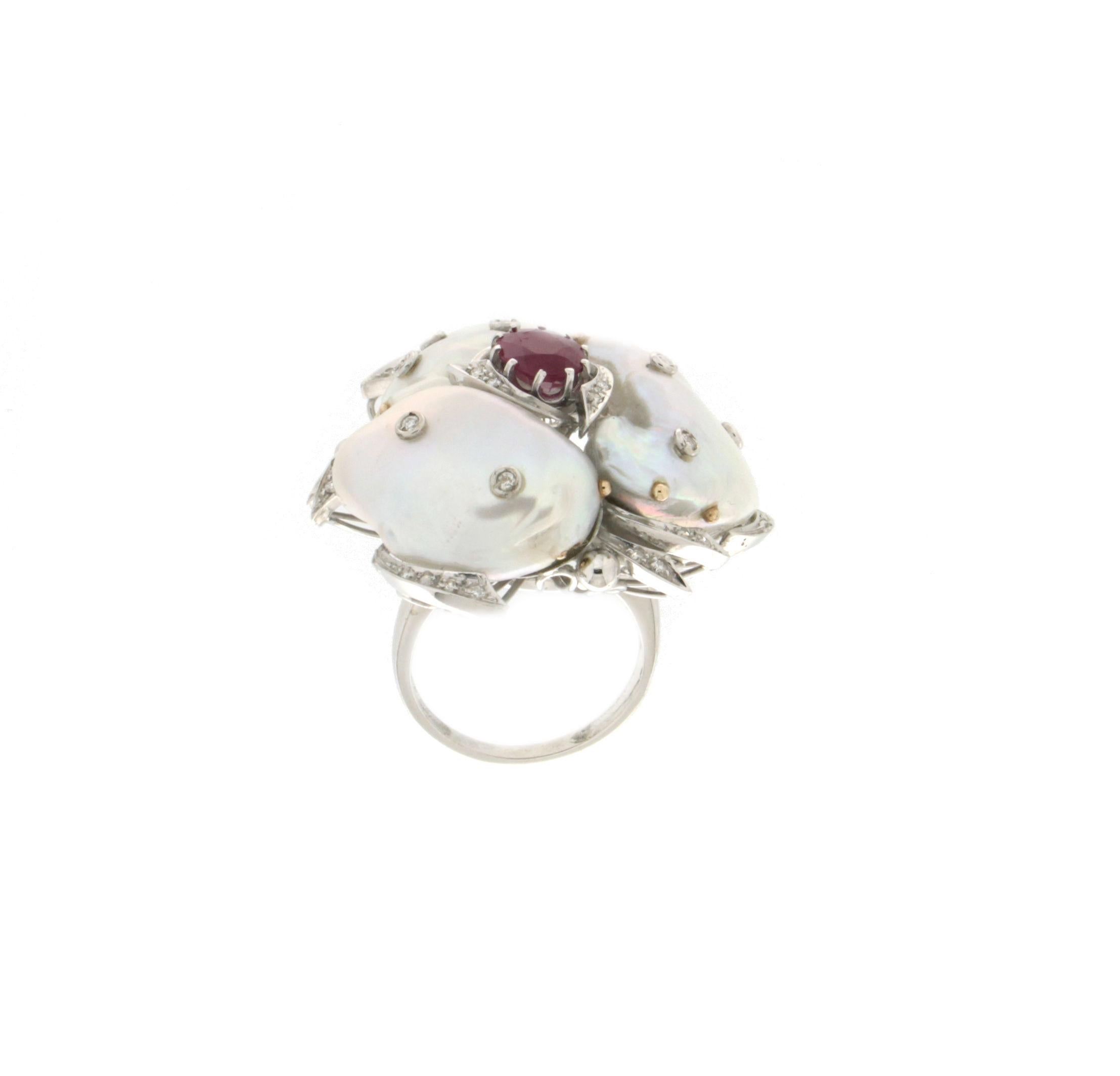 Brilliant Cut Handcraft Baroque Pearls 18 Karat White Gold Diamonds Ruby Cocktail Ring For Sale