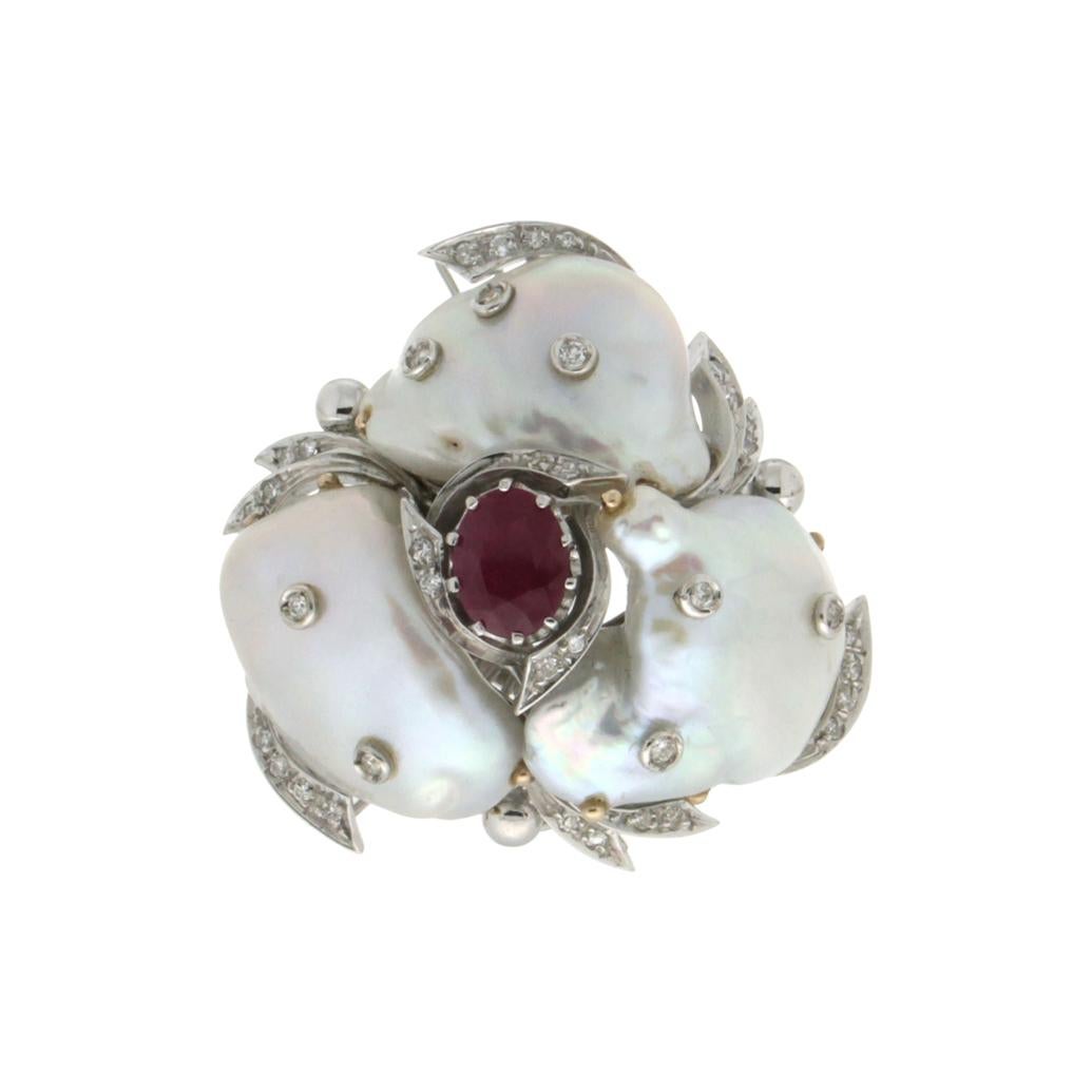 Handcraft Baroque Pearls 18 Karat White Gold Diamonds Ruby Cocktail Ring For Sale