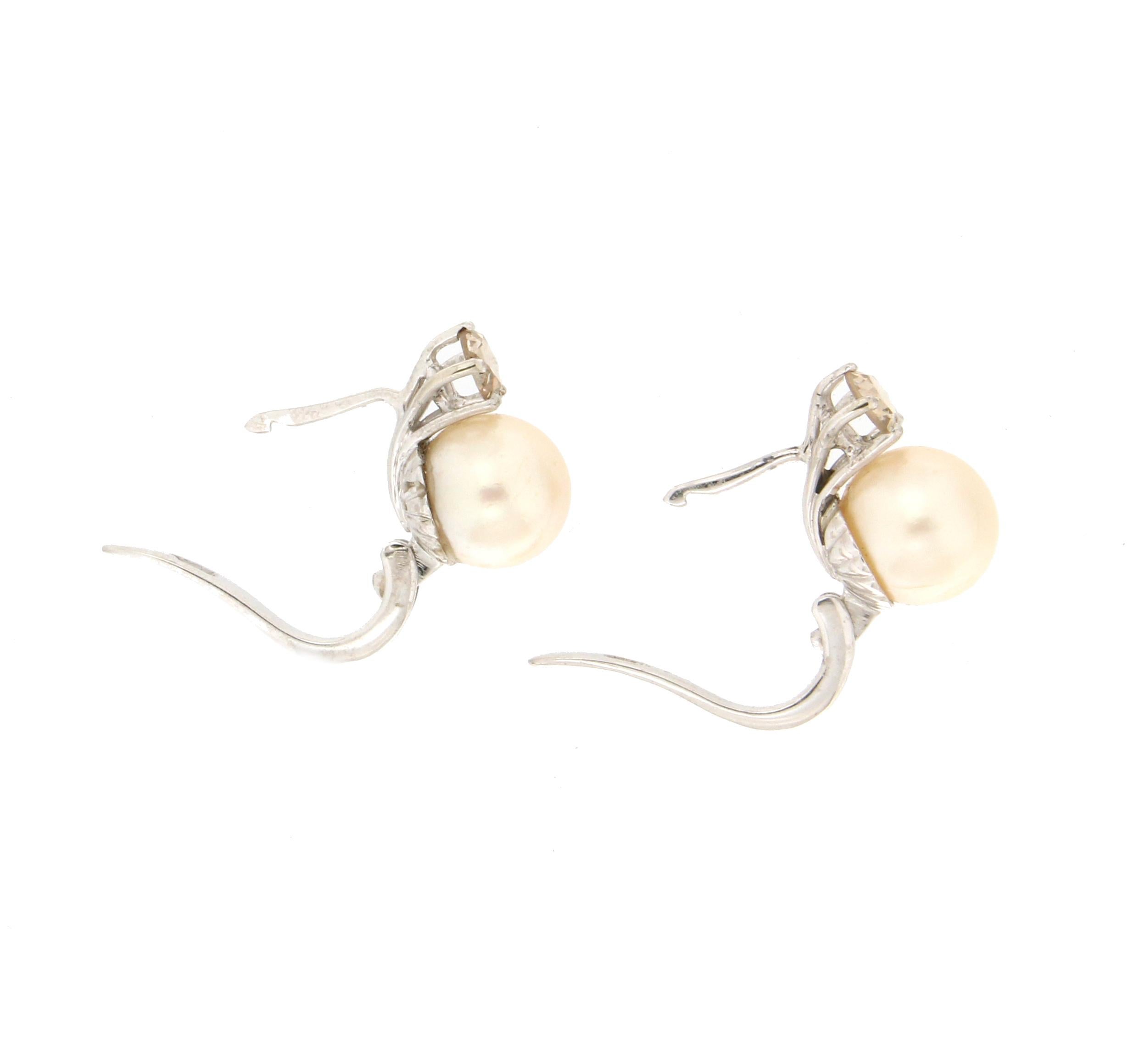 Rose Cut Handcraft Pearls 18 Karat White Gold Diamonds Stud Earrings