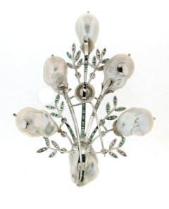Handcraft Australian Baroque Pearls 18 Karat White Gold Emeralds Diamonds Brooch