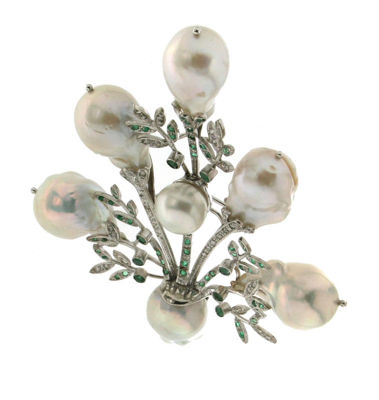 Artisan Handcraft Australian Baroque Pearls 18 Karat White Gold Emeralds Diamonds Brooch For Sale