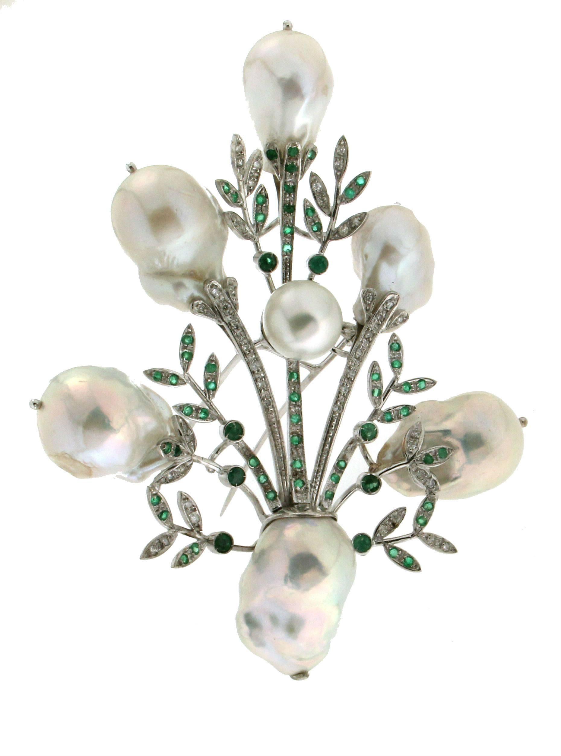 Women's Handcraft Australian Baroque Pearls 18 Karat White Gold Emeralds Diamonds Brooch For Sale