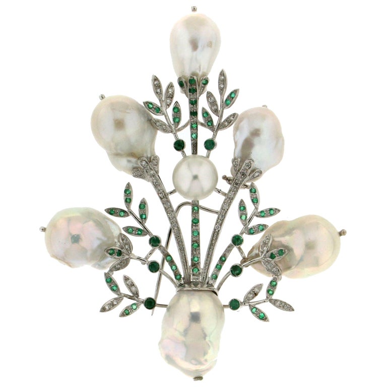 Handcraft Australian Baroque Pearls 18 Karat White Gold Emeralds Diamonds Brooch For Sale