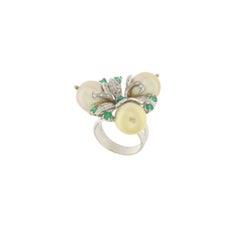 Pearls Diamonds Emeralds 18 Karat White Gold Cocktail Ring