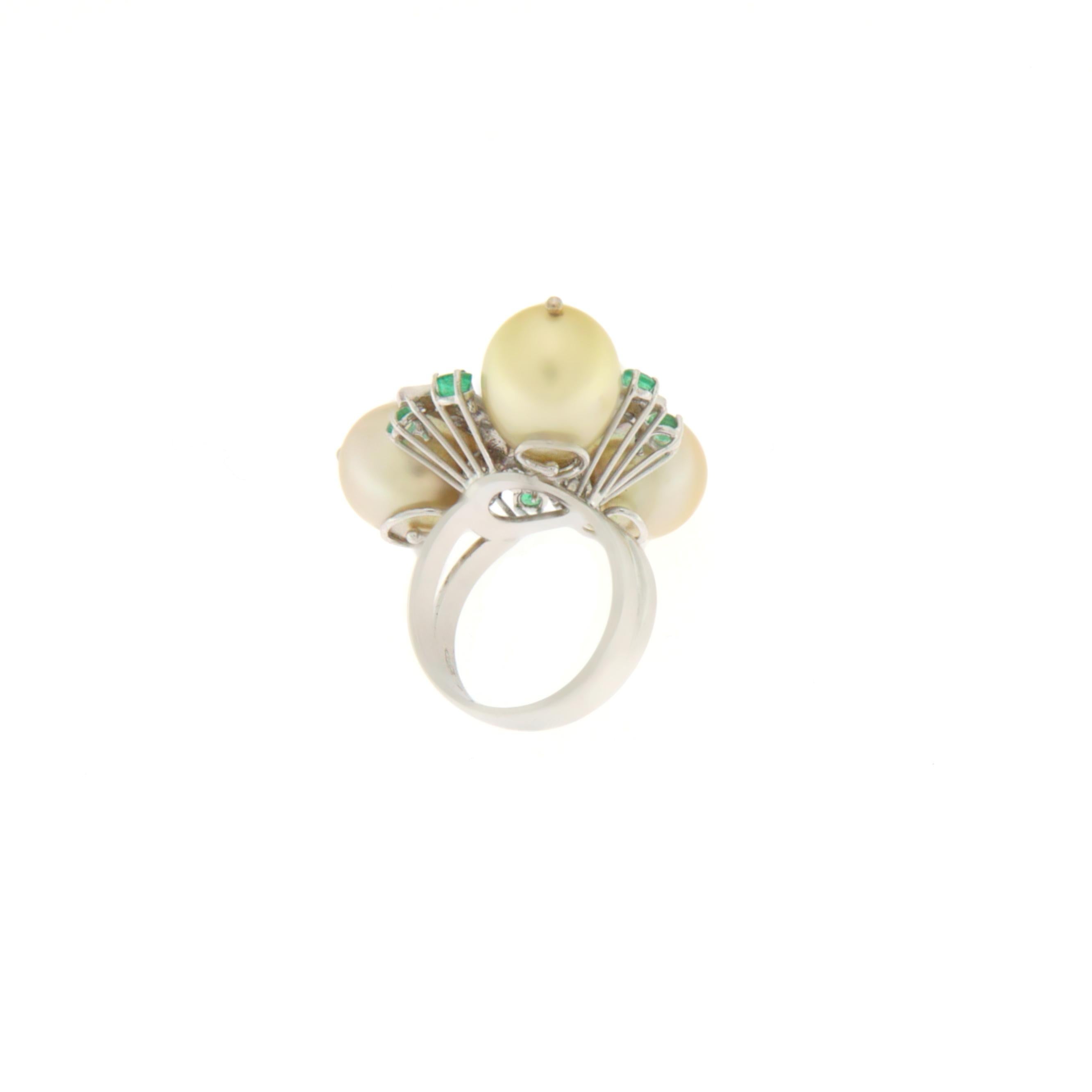 Artisan Pearls Diamonds Emeralds 18 Karat White Gold Cocktail Ring For Sale