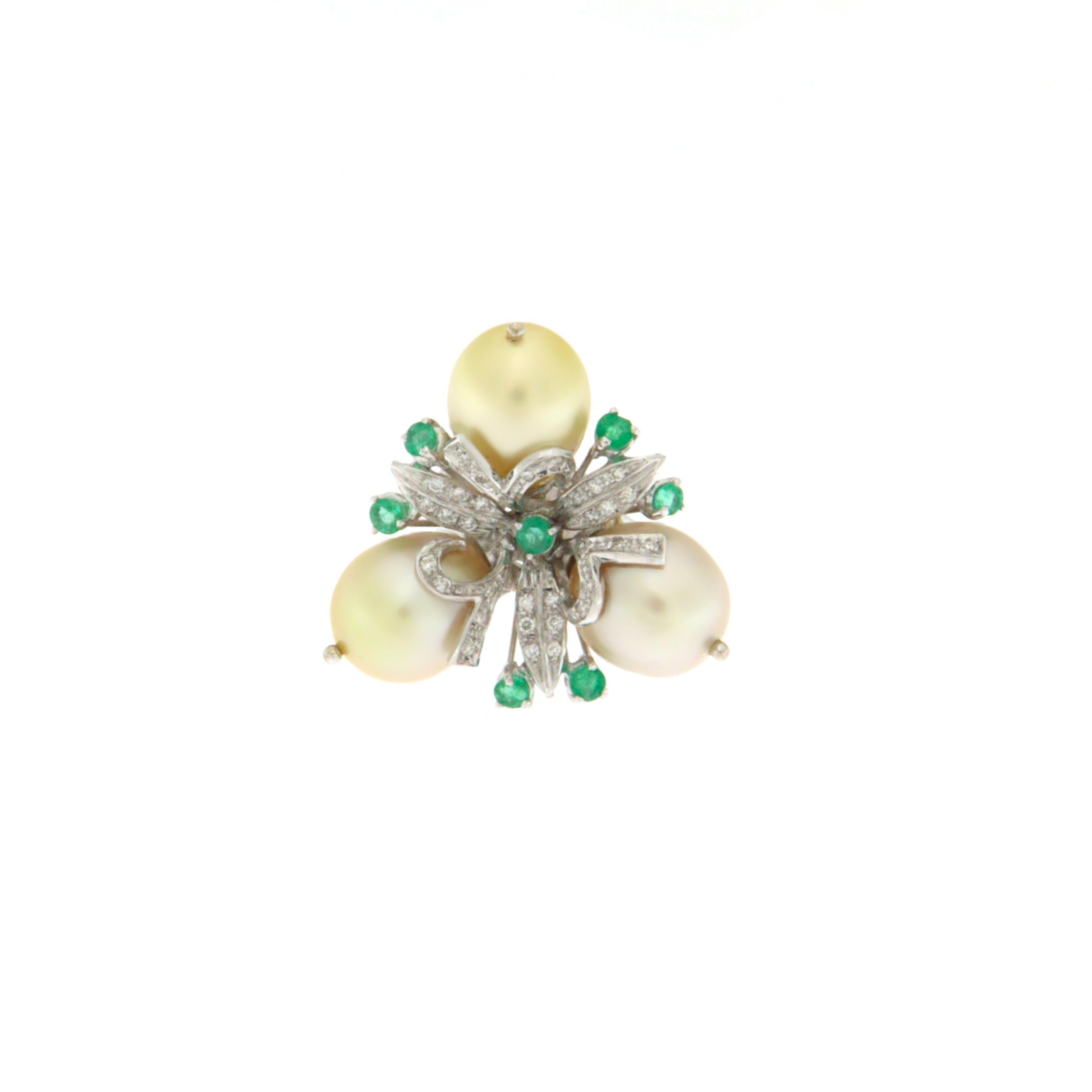 Mixed Cut Pearls Diamonds Emeralds 18 Karat White Gold Cocktail Ring For Sale