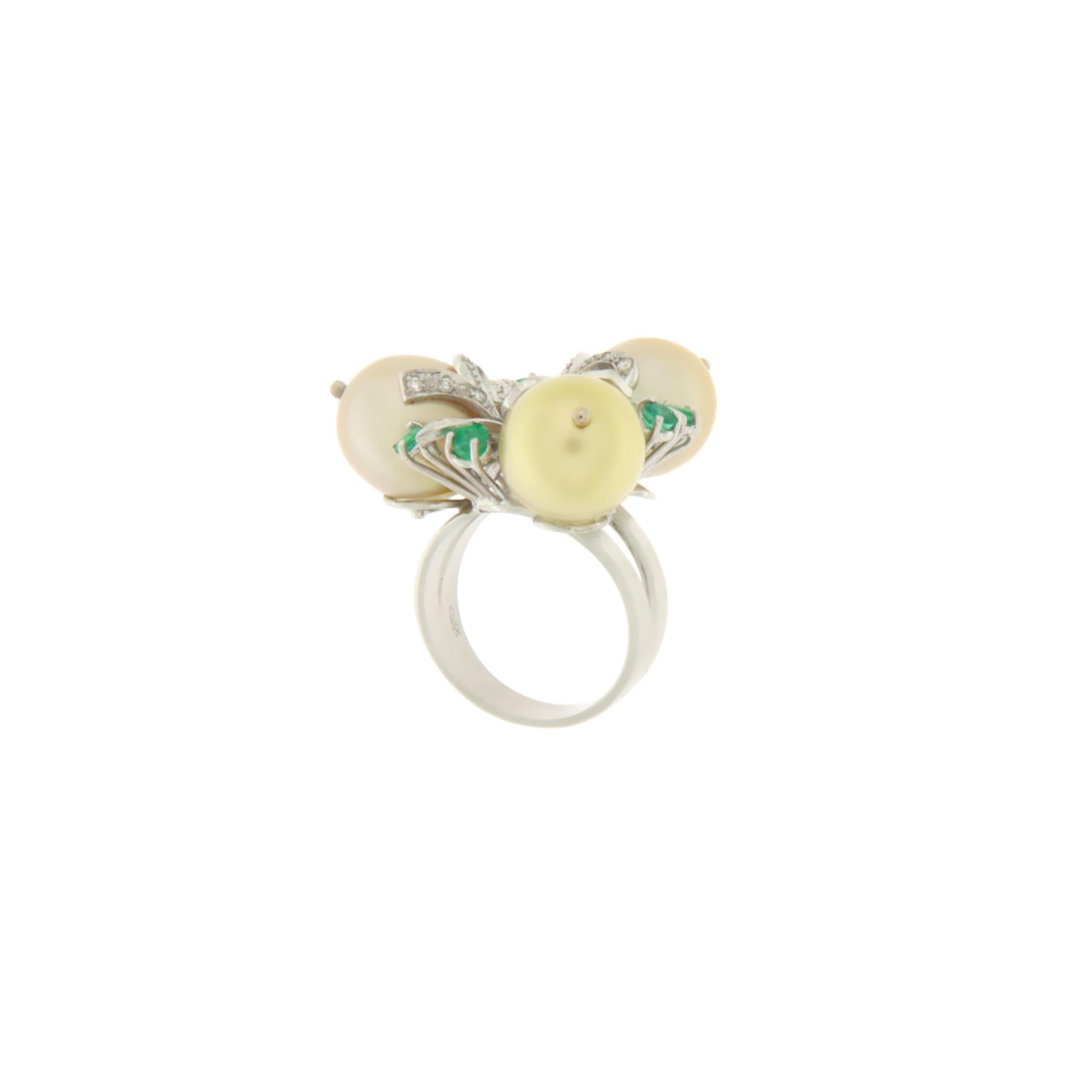 Women's Pearls Diamonds Emeralds 18 Karat White Gold Cocktail Ring For Sale