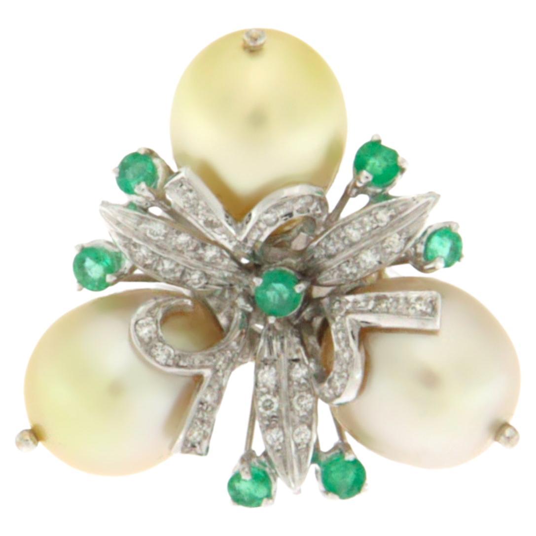 Pearls Diamonds Emeralds 18 Karat White Gold Cocktail Ring For Sale