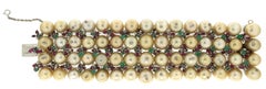 Handcraft Pearls 18 Karat White Gold Emeralds Ruby Diamonds Cuff Bracelet