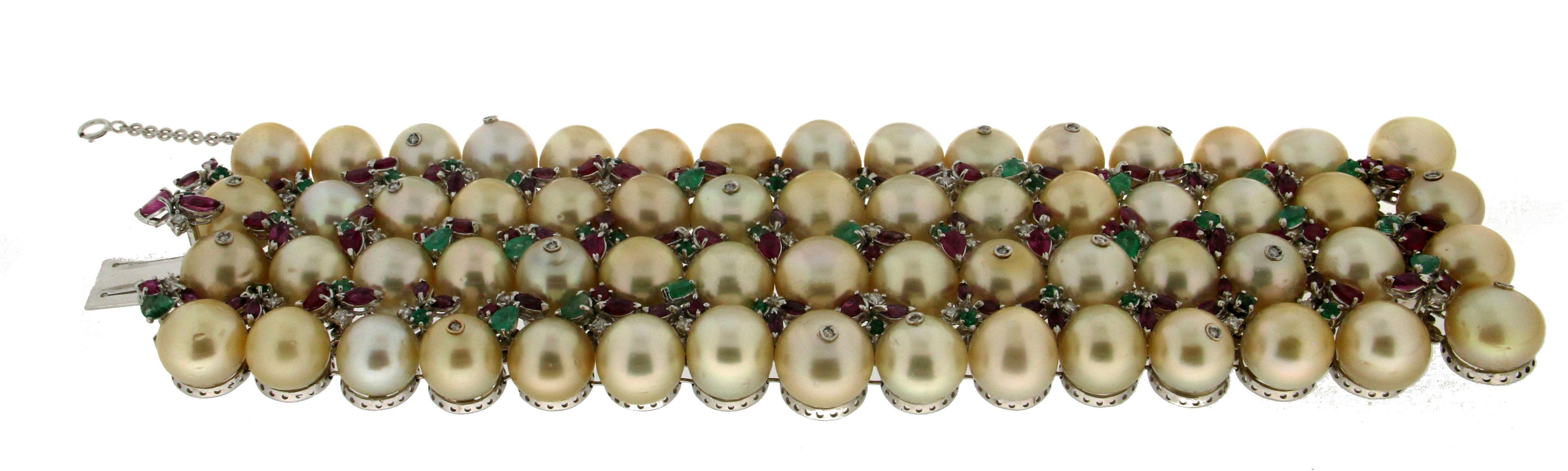 Artisan Handcraft Pearls 18 Karat White Gold Emeralds Ruby Diamonds Cuff Bracelet For Sale