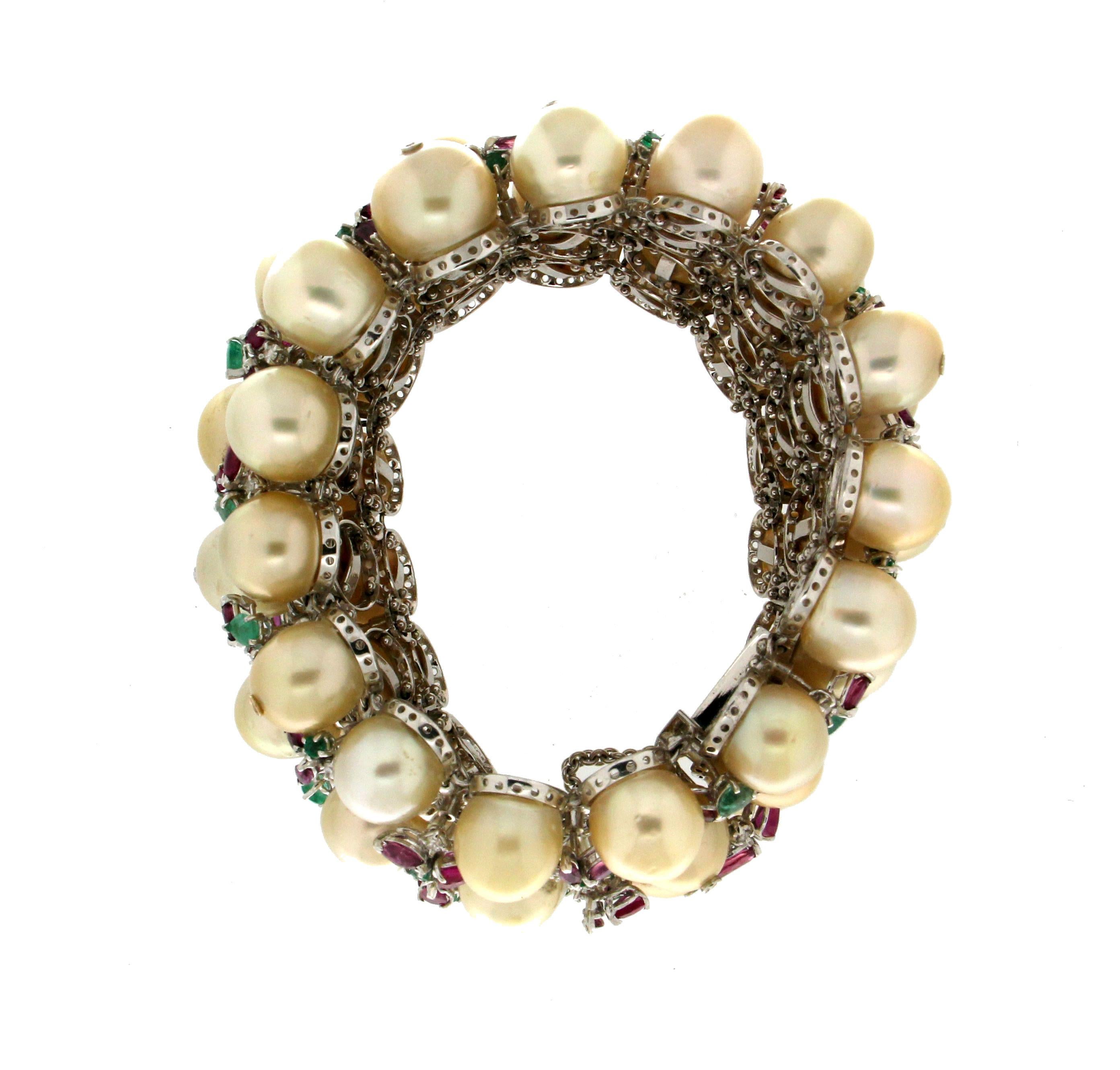 Brilliant Cut Handcraft Pearls 18 Karat White Gold Emeralds Ruby Diamonds Cuff Bracelet For Sale
