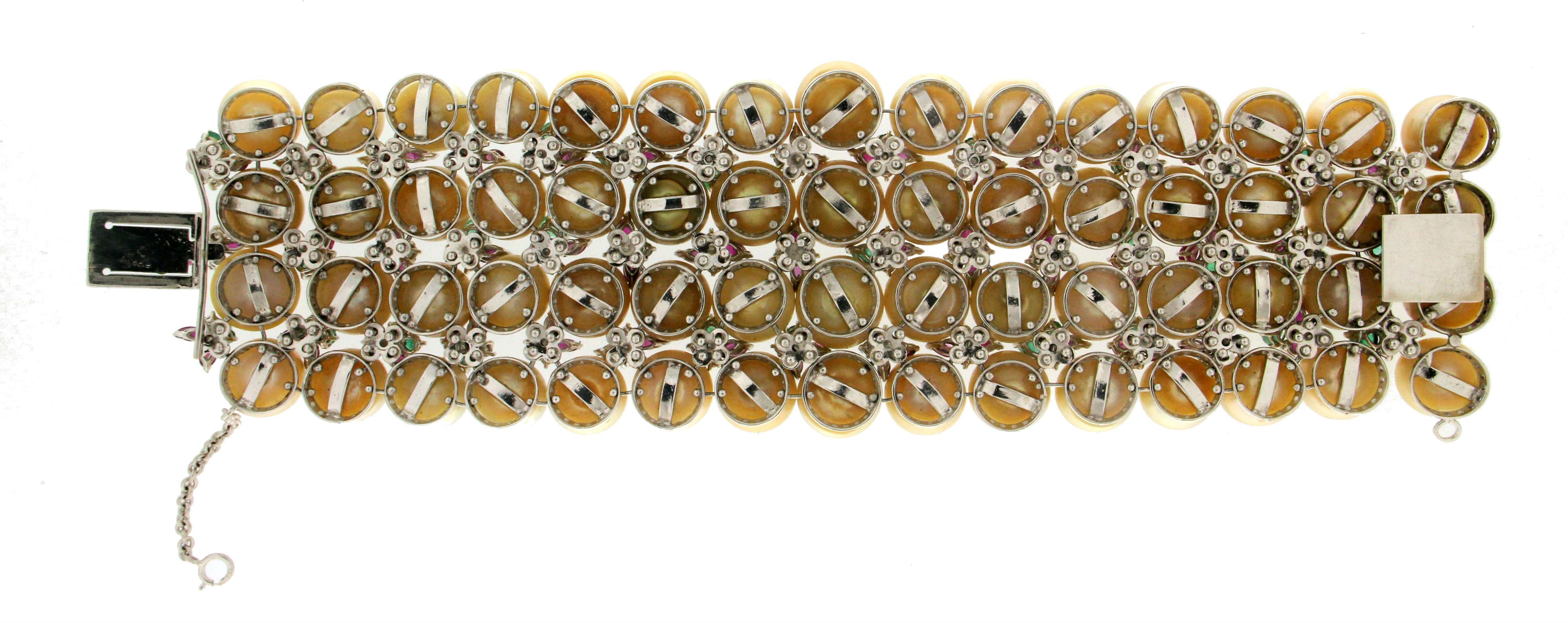 Handcraft Pearls 18 Karat White Gold Emeralds Ruby Diamonds Cuff Bracelet In New Condition For Sale In Marcianise, IT