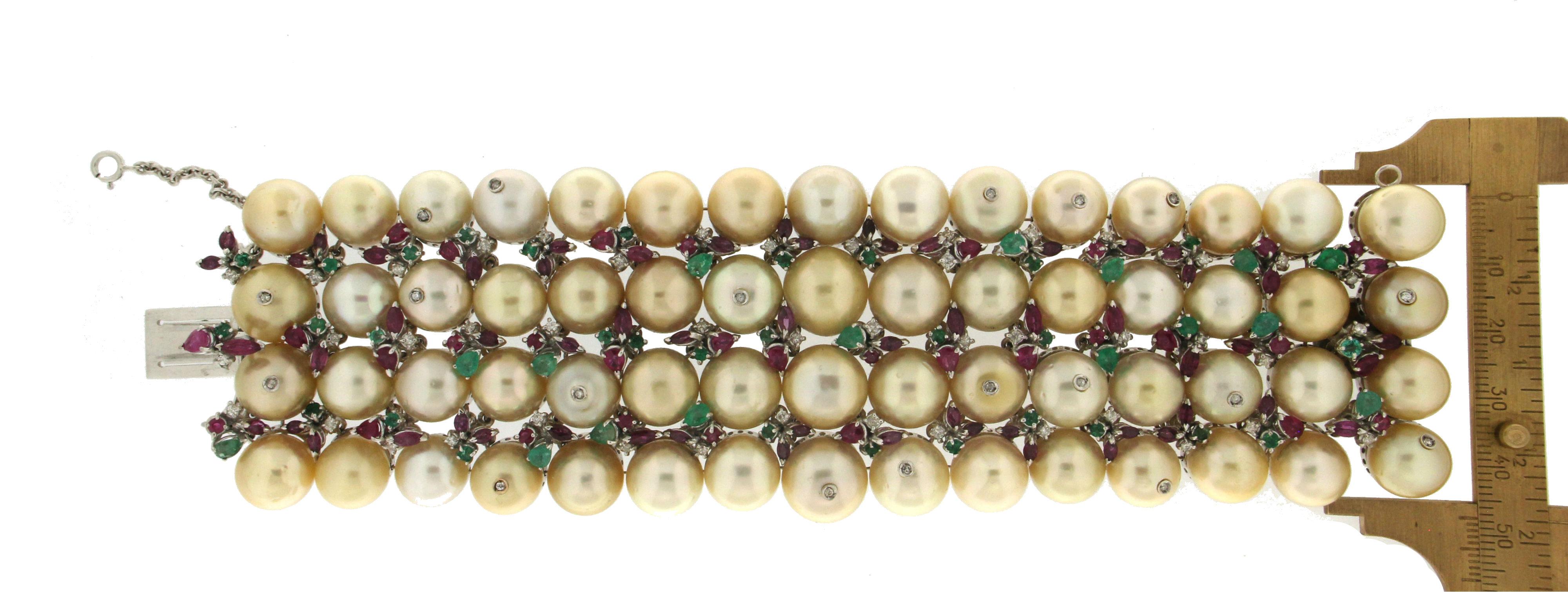 Women's or Men's Handcraft Pearls 18 Karat White Gold Emeralds Ruby Diamonds Cuff Bracelet For Sale