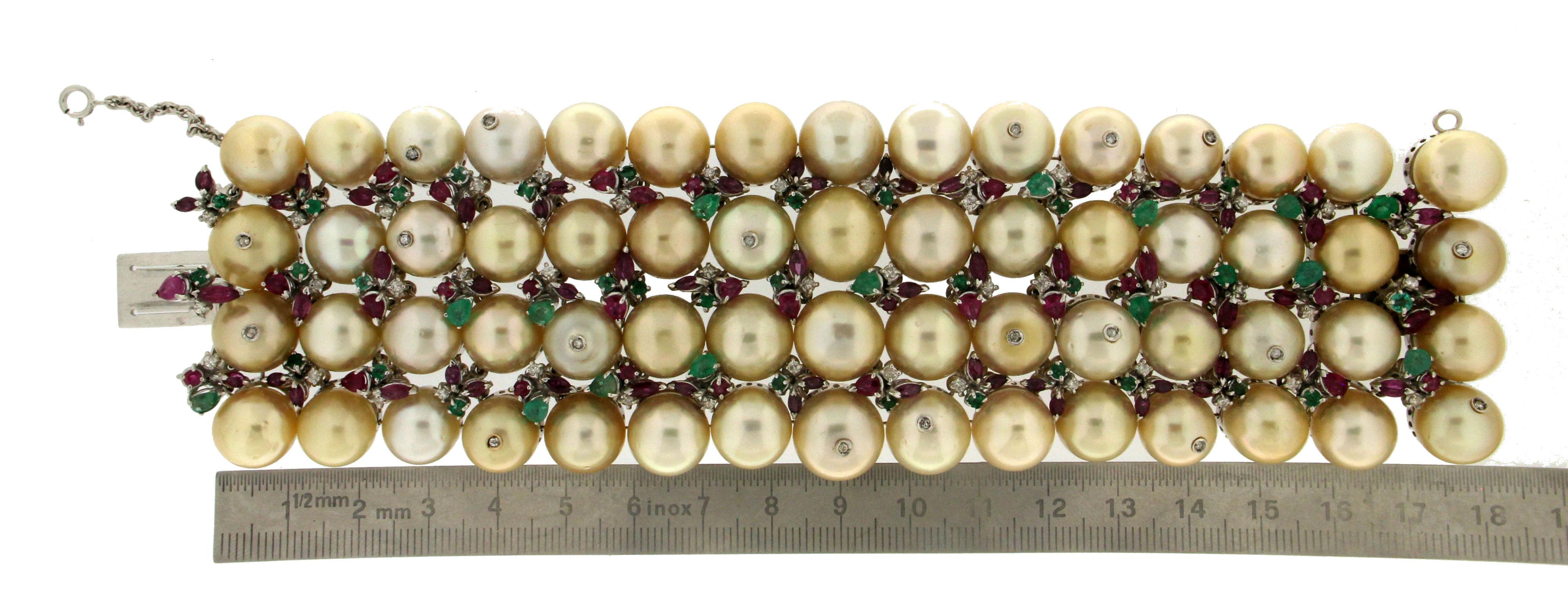 Handcraft Pearls 18 Karat White Gold Emeralds Ruby Diamonds Cuff Bracelet For Sale 1