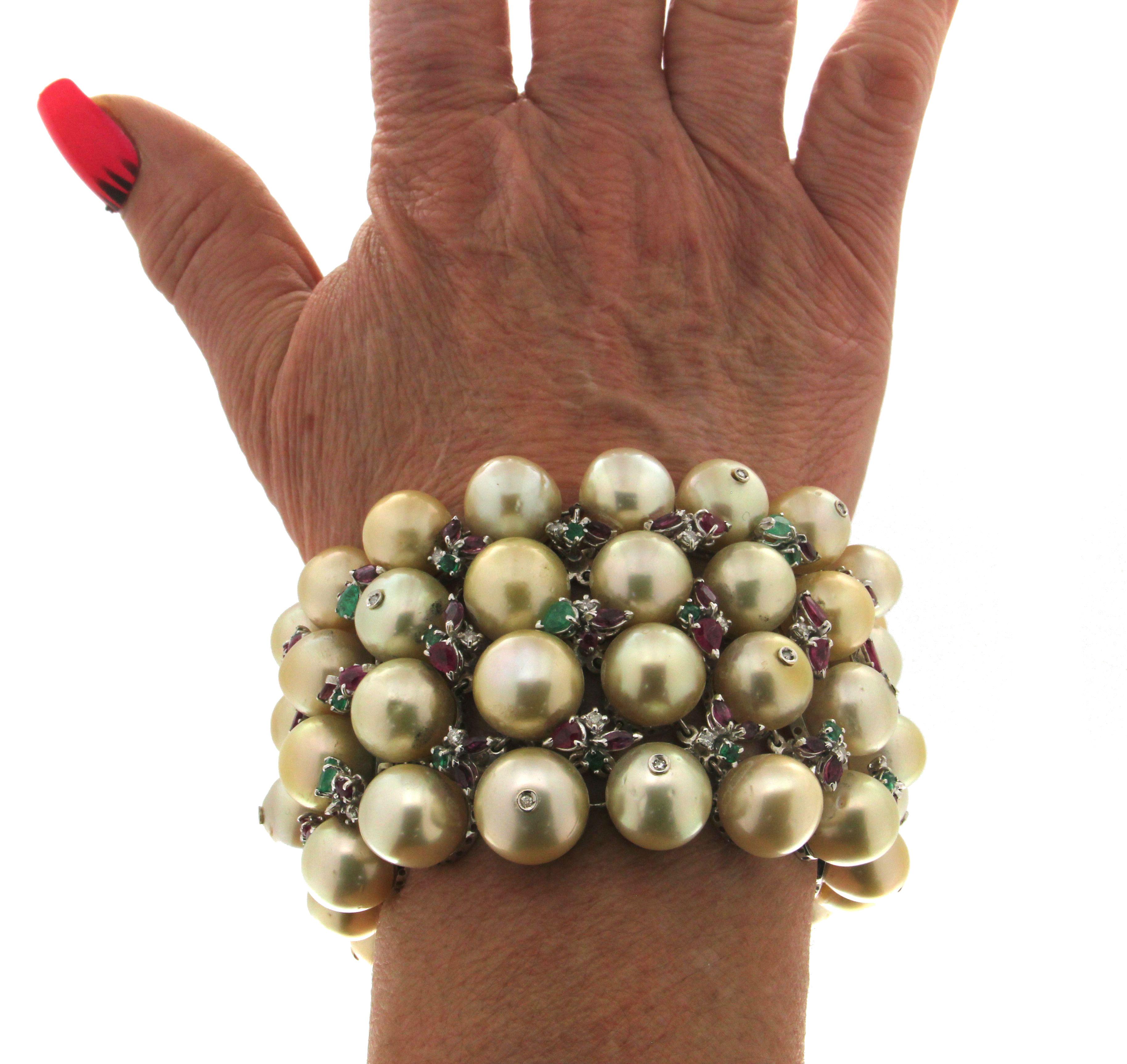 Handcraft Pearls 18 Karat White Gold Emeralds Ruby Diamonds Cuff Bracelet For Sale 2