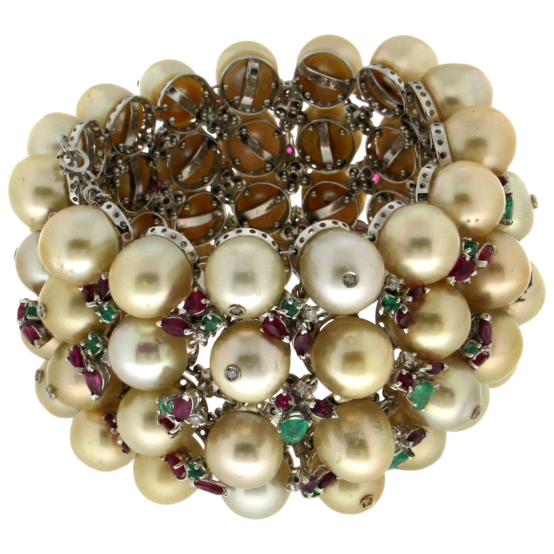 Handcraft Pearls 18 Karat White Gold Emeralds Ruby Diamonds Cuff Bracelet For Sale