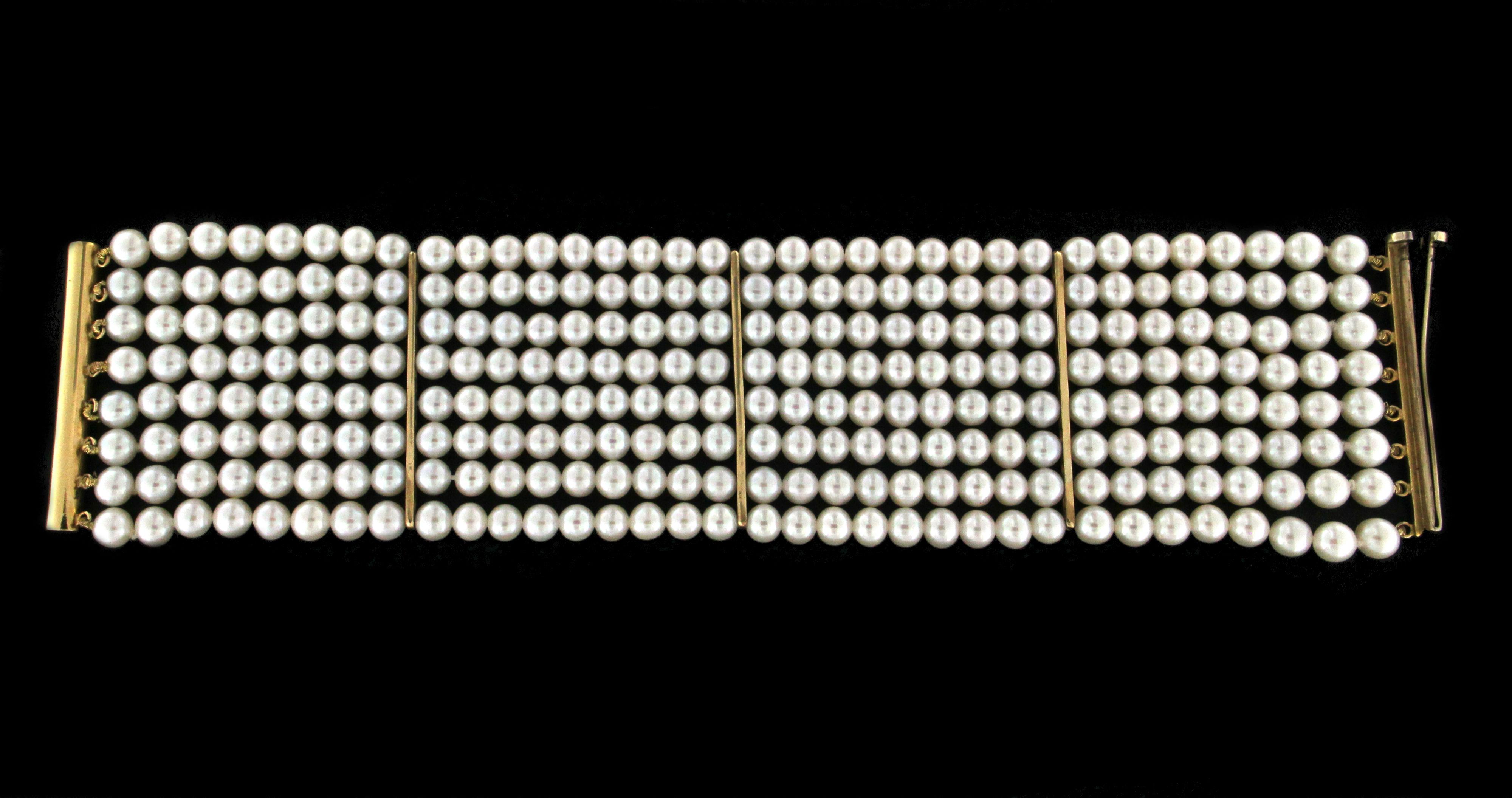 Artisan Handcraft Pearls 18 Karat Yellow Gold Cuff Bracelet