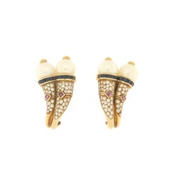 Handcraft Pearls 18 Karat Yellow Gold Diamonds Rubies and Sapphire Stud Earrings